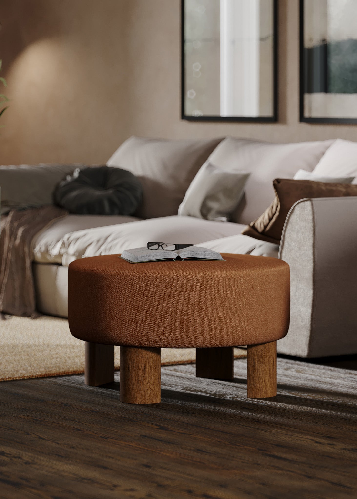 Celia Contemporary Upholstered Ottoman with Refined Brown Wood Finish in Ottomans & Benches by Maven Lane