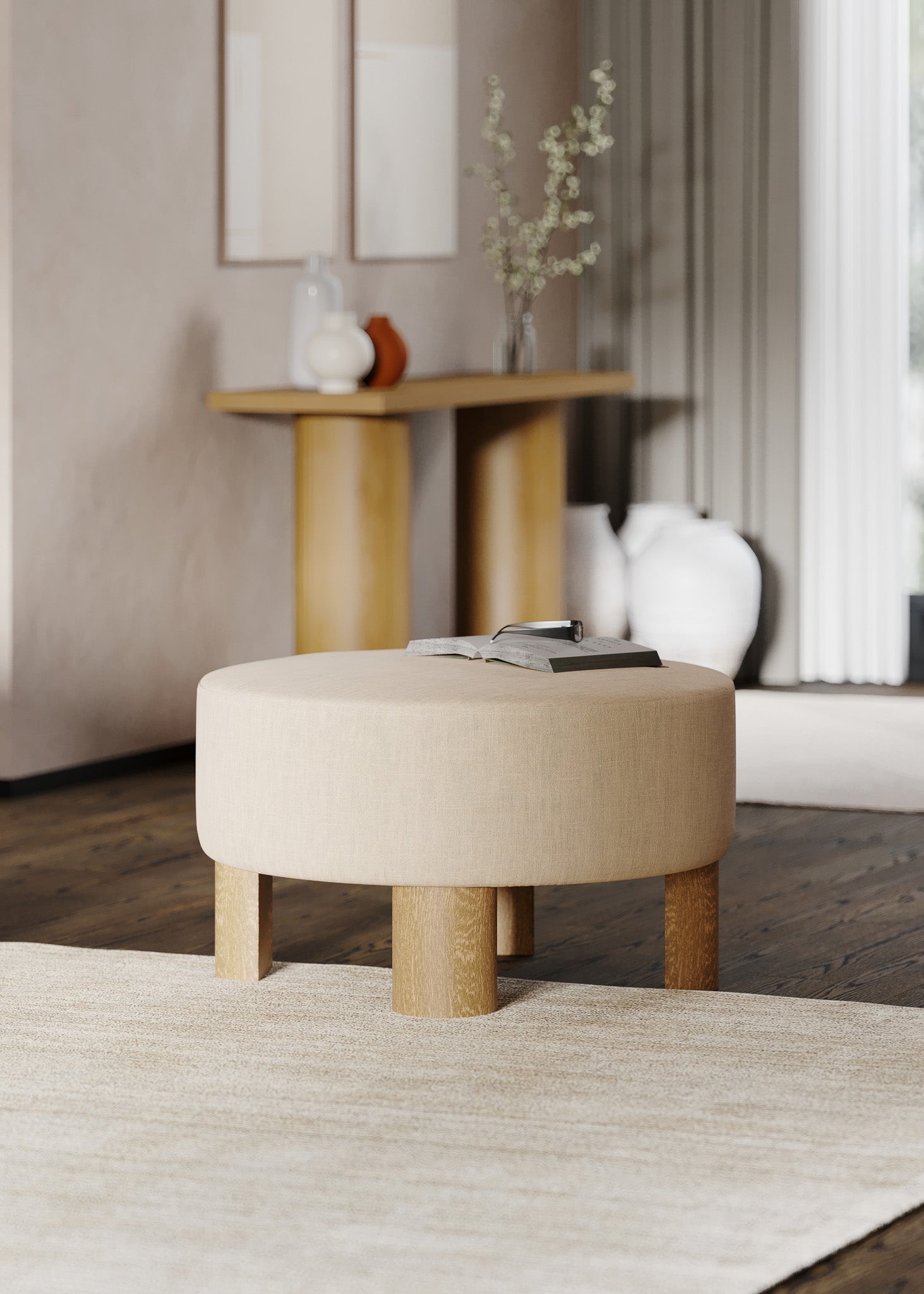 Celia Contemporary Upholstered Ottoman with Refined Natural Wood Finish in Ottomans & Benches by Maven Lane