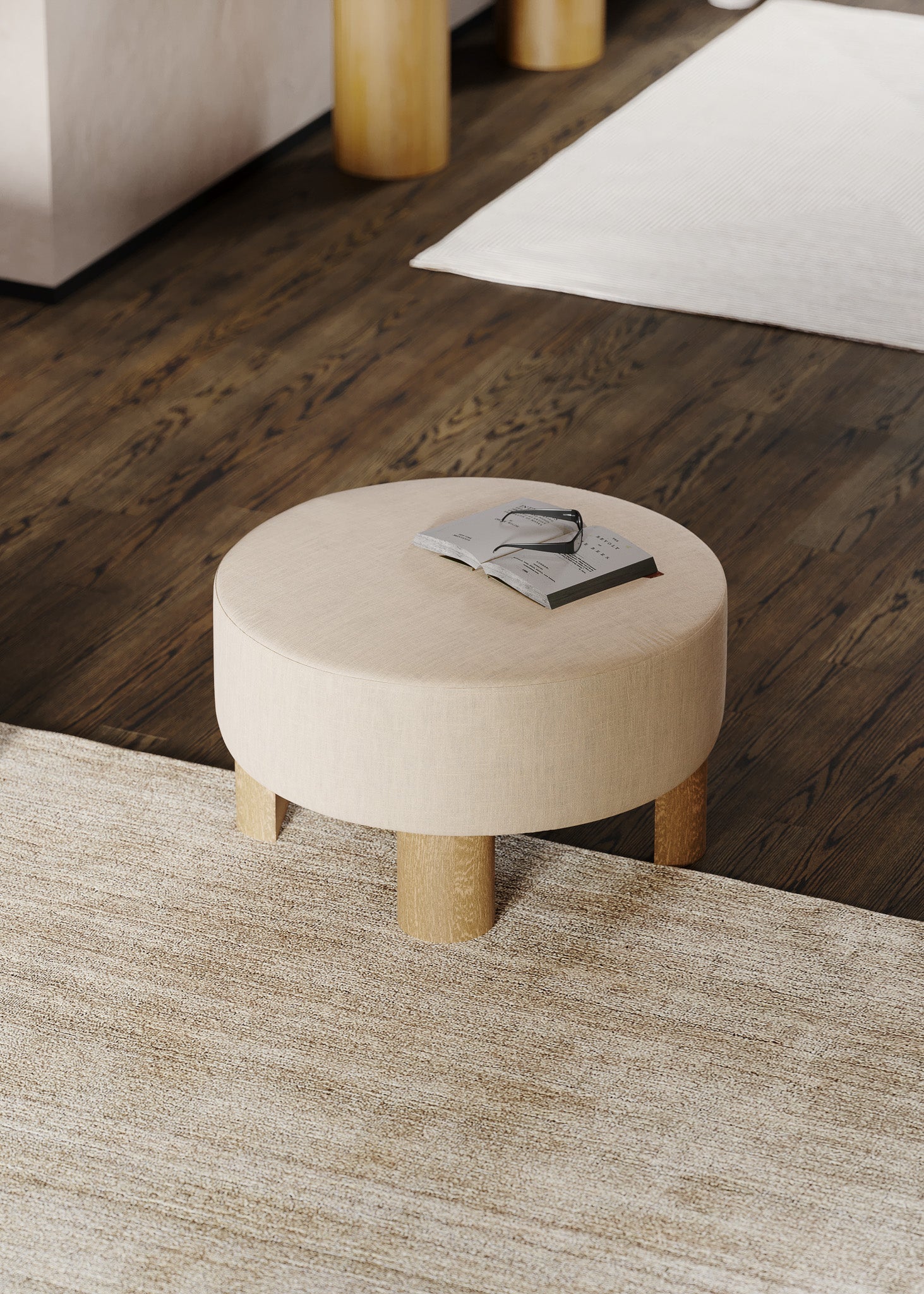 Celia Contemporary Upholstered Ottoman with Refined Natural Wood Finish in Ottomans & Benches by Maven Lane