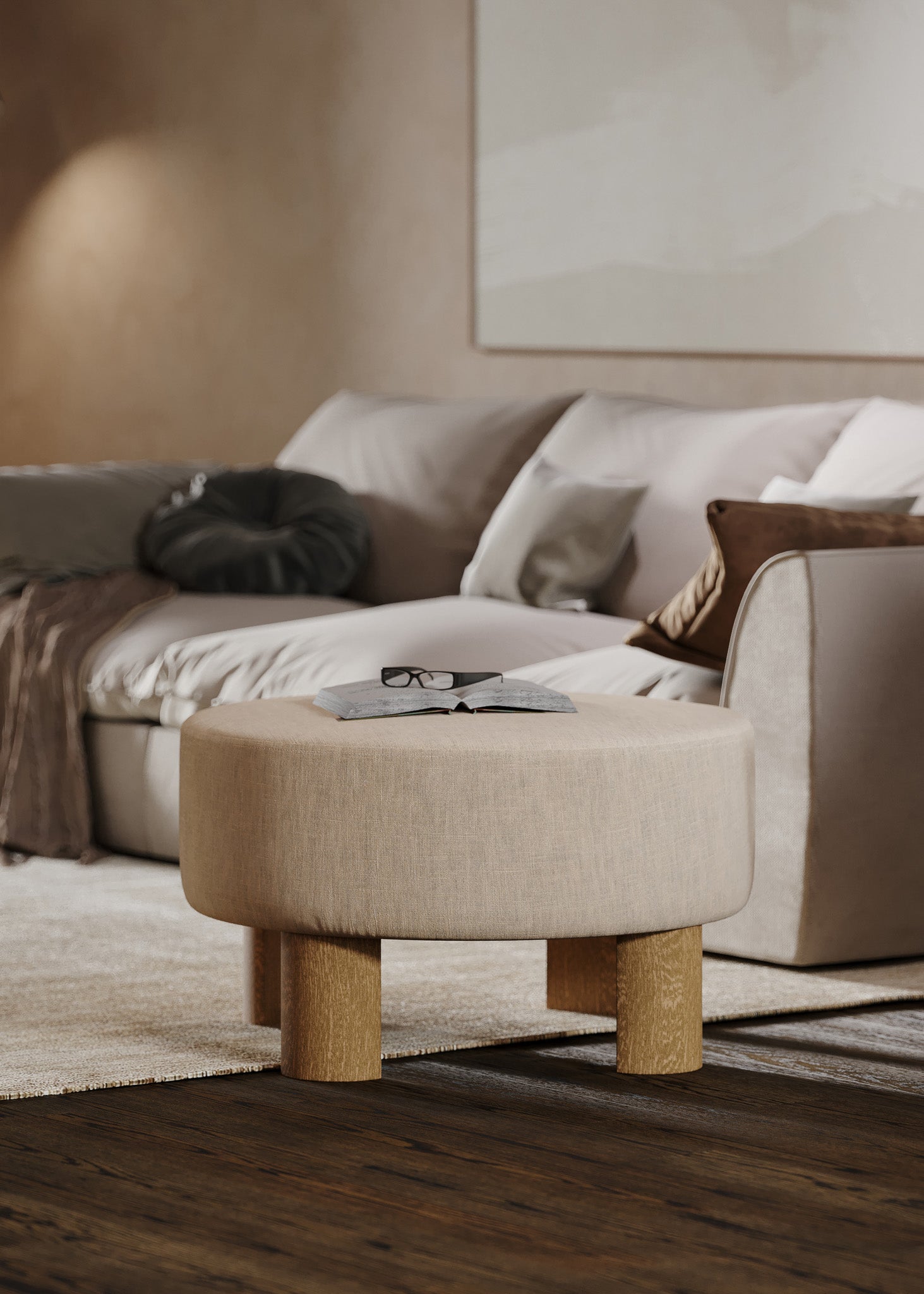 Celia Contemporary Upholstered Ottoman with Refined Natural Wood Finish in Ottomans & Benches by Maven Lane