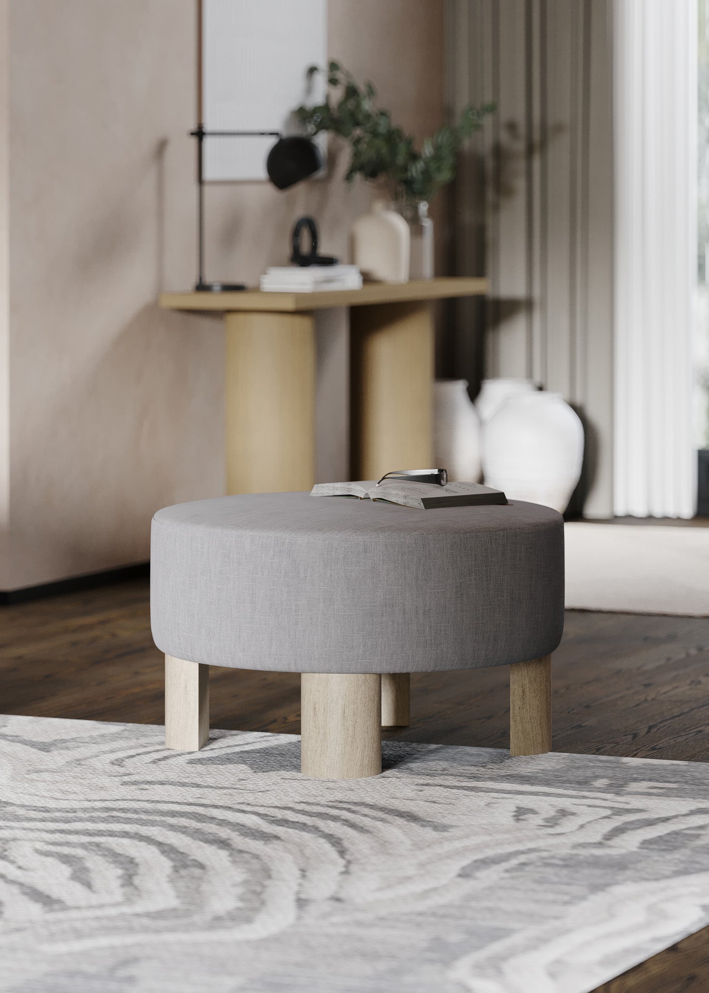 Celia Contemporary Upholstered Ottoman with Refined Grey Wood Finish in Ottomans & Benches by Maven Lane