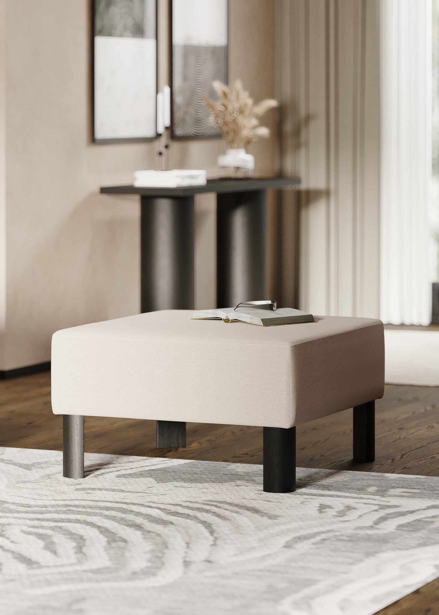 Lena Contemporary Upholstered Ottoman with Refined Black Wood Finish in Ottomans & Benches by Maven Lane