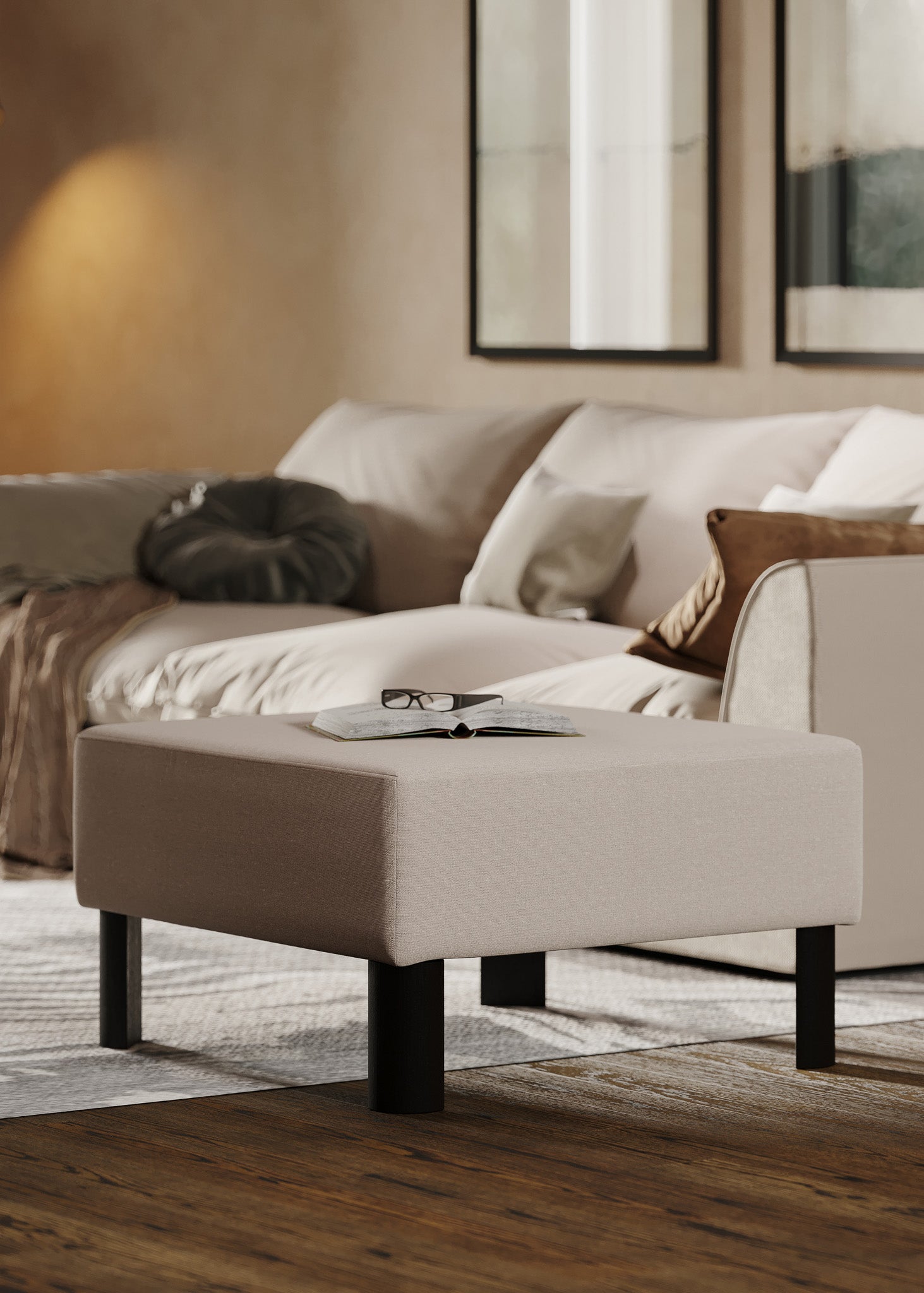 Lena Contemporary Upholstered Ottoman with Refined Black Wood Finish in Ottomans & Benches by Maven Lane