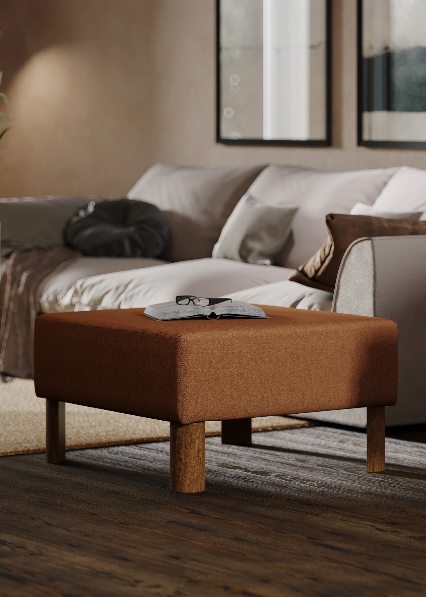 Lena Contemporary Upholstered Ottoman with Refined Brown Wood Finish in Ottomans & Benches by Maven Lane