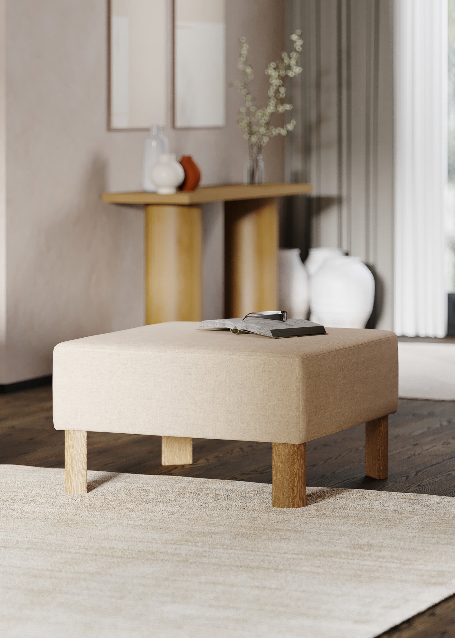 Lena Contemporary Upholstered Ottoman with Refined Natural Wood Finish in Ottomans & Benches by Maven Lane