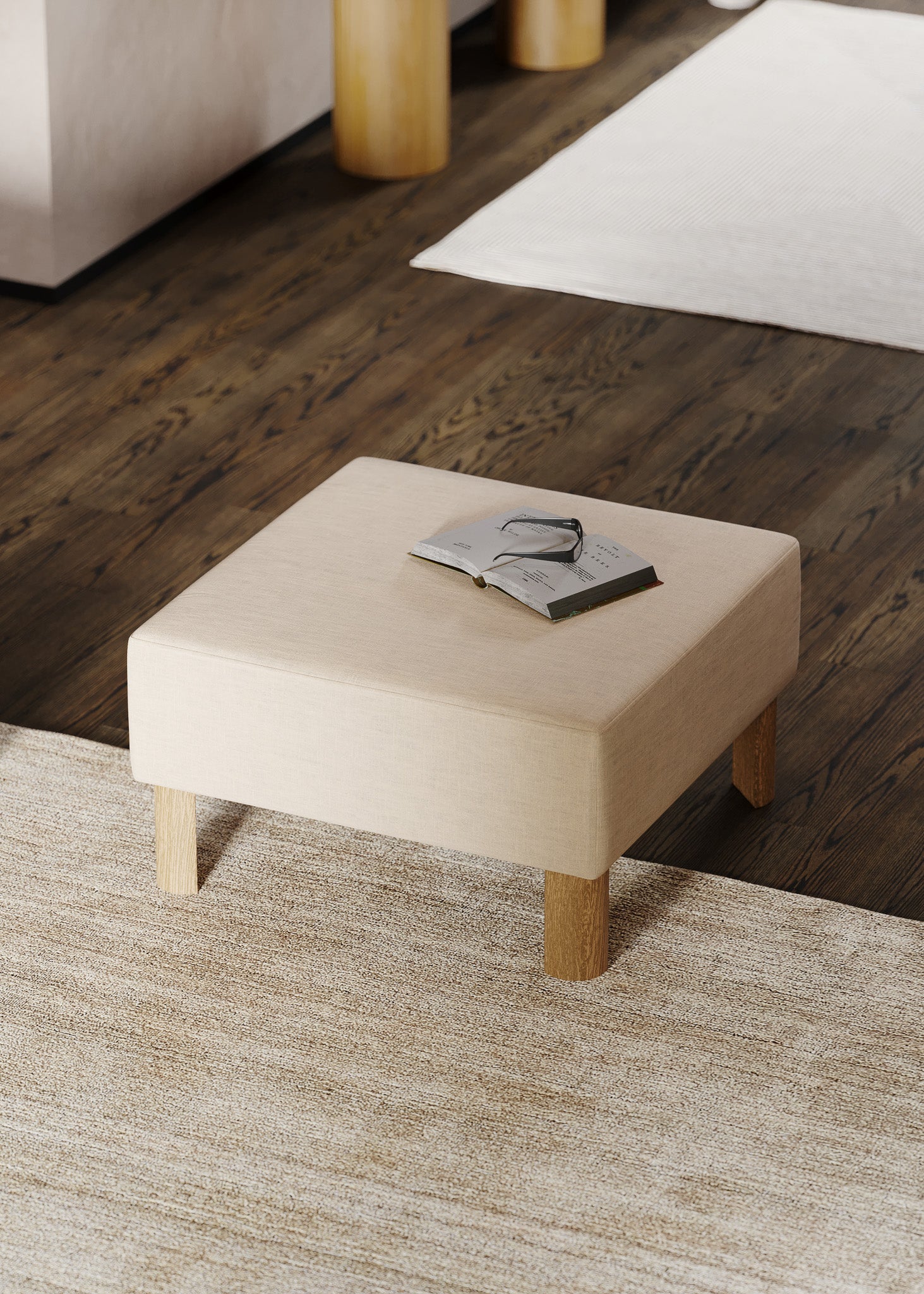 Lena Contemporary Upholstered Ottoman with Refined Natural Wood Finish in Ottomans & Benches by Maven Lane