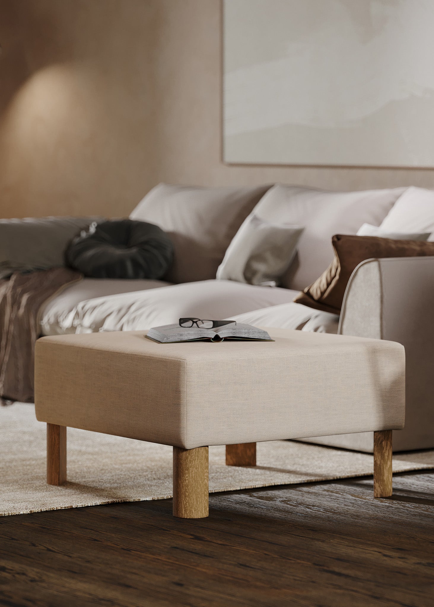 Lena Contemporary Upholstered Ottoman with Refined Natural Wood Finish in Ottomans & Benches by Maven Lane