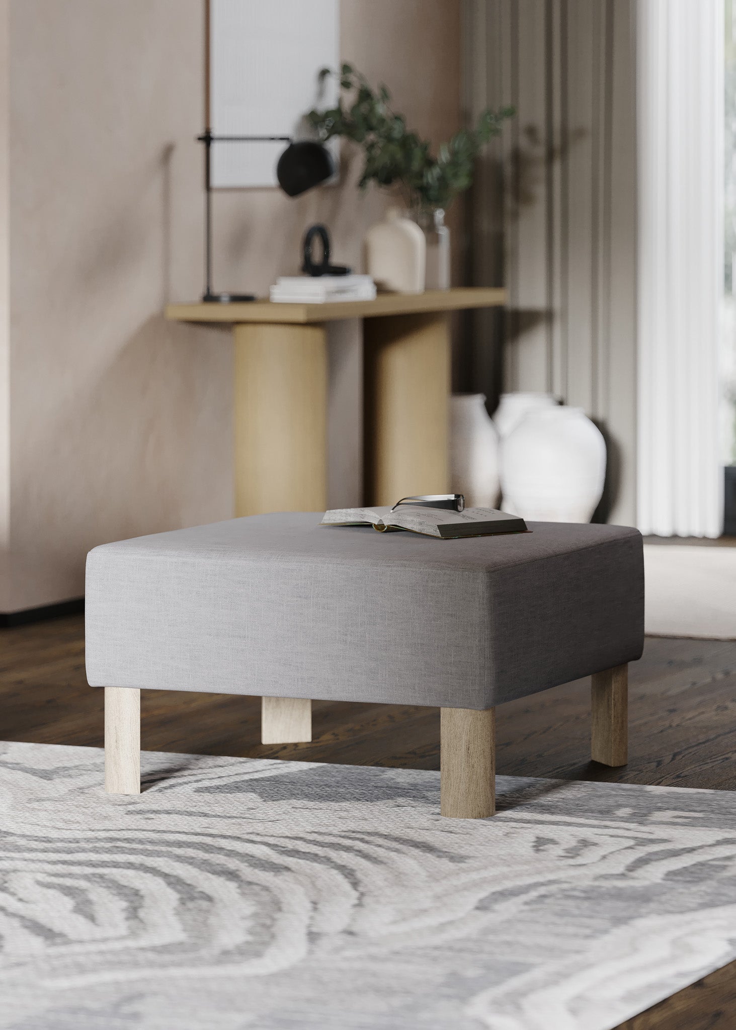 Lena Contemporary Upholstered Ottoman with Refined Grey Wood Finish in Ottomans & Benches by Maven Lane