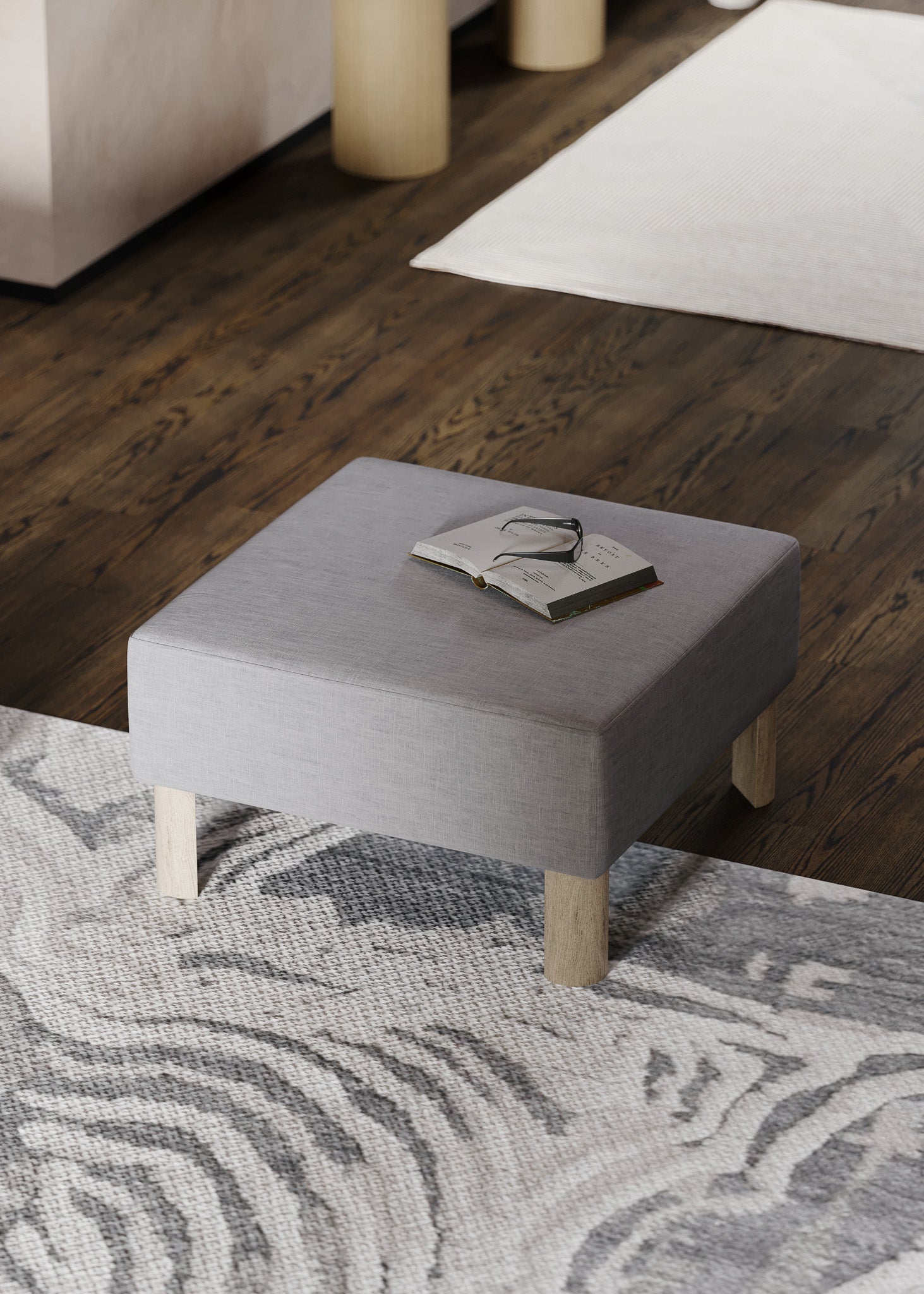 Lena Contemporary Upholstered Ottoman with Refined Grey Wood Finish in Ottomans & Benches by Maven Lane