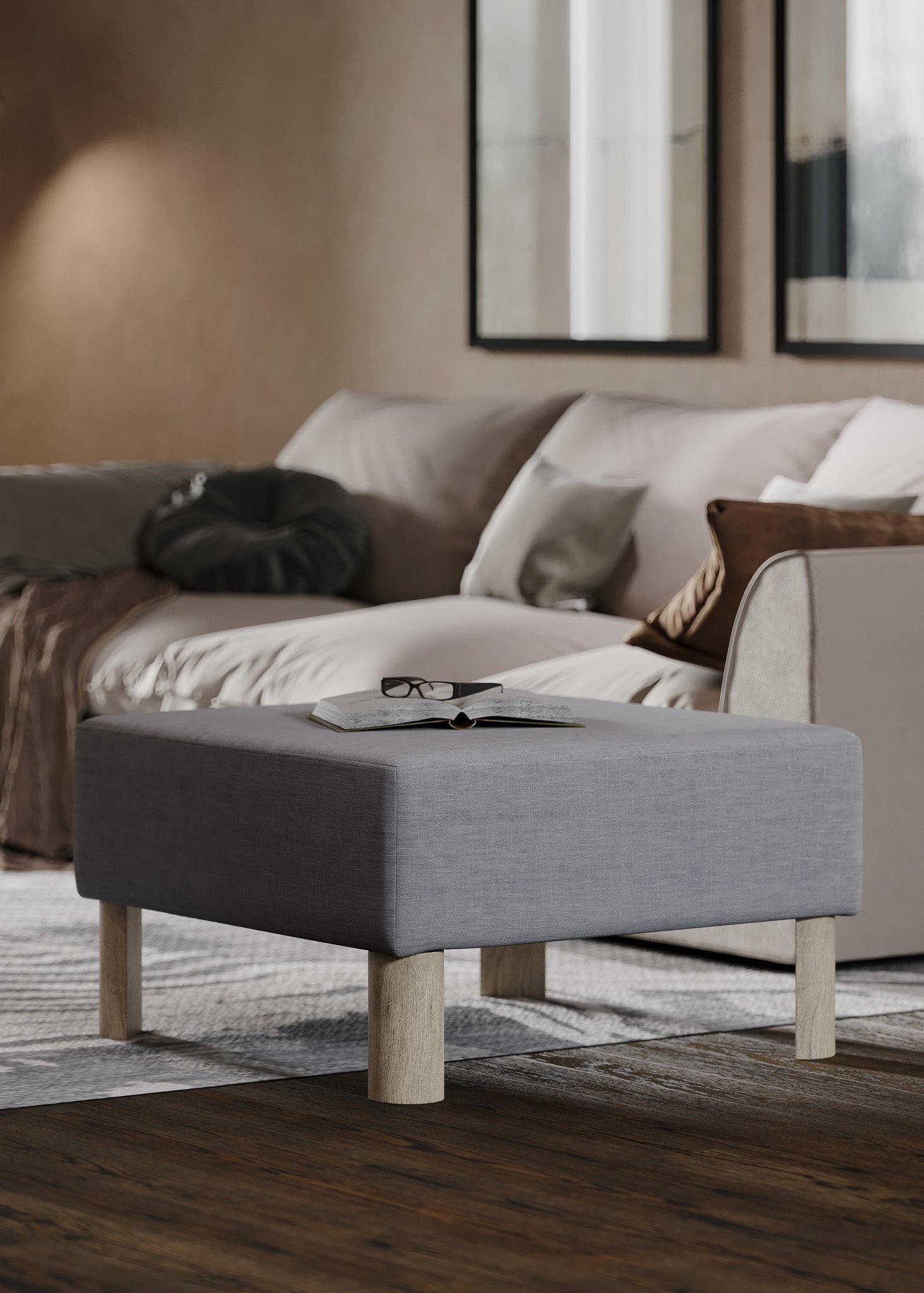 Lena Contemporary Upholstered Ottoman with Refined Grey Wood Finish in Ottomans & Benches by Maven Lane