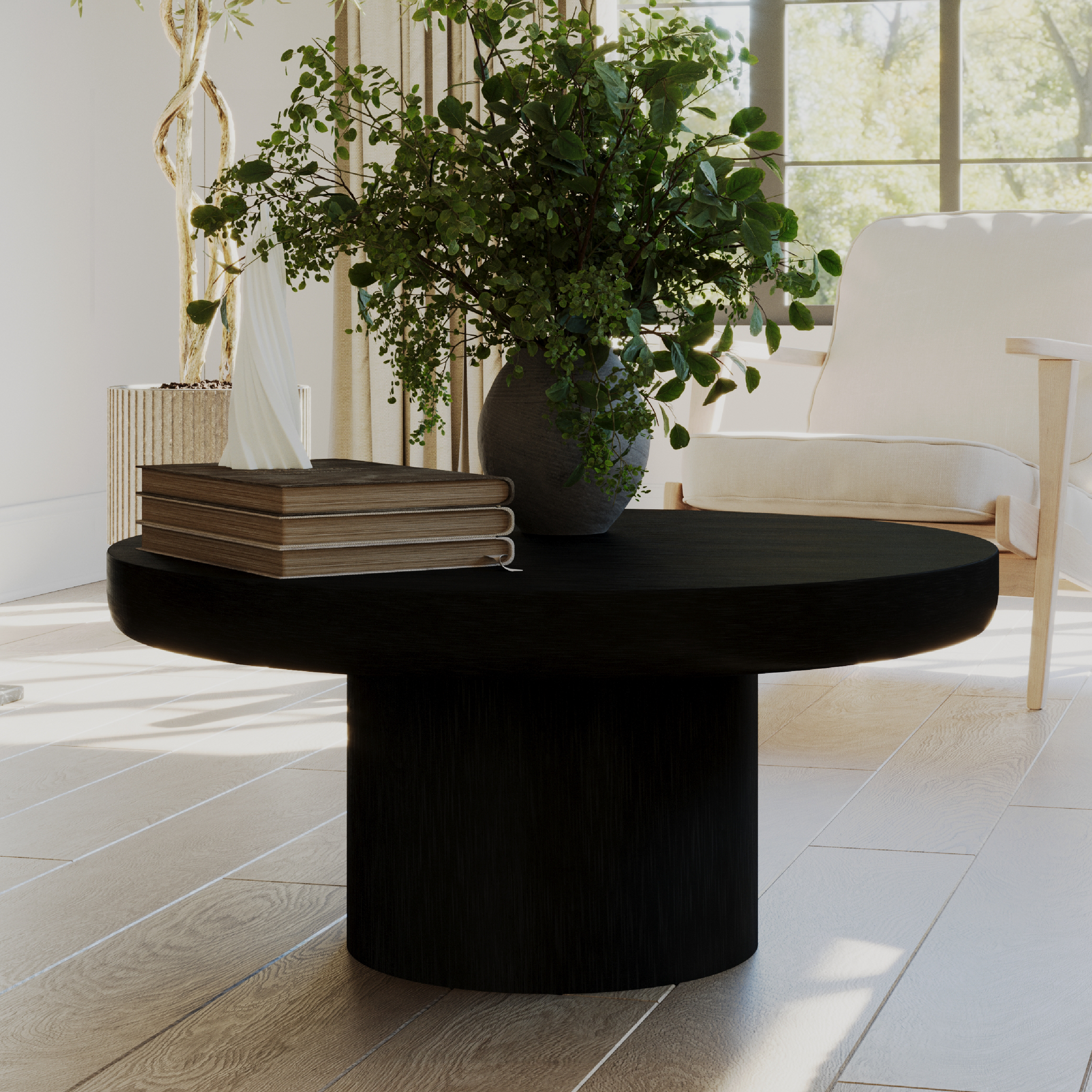 Owen Rustic Circular Wooden Coffee Table in Black Finish in Coffee Table by Maven Lane