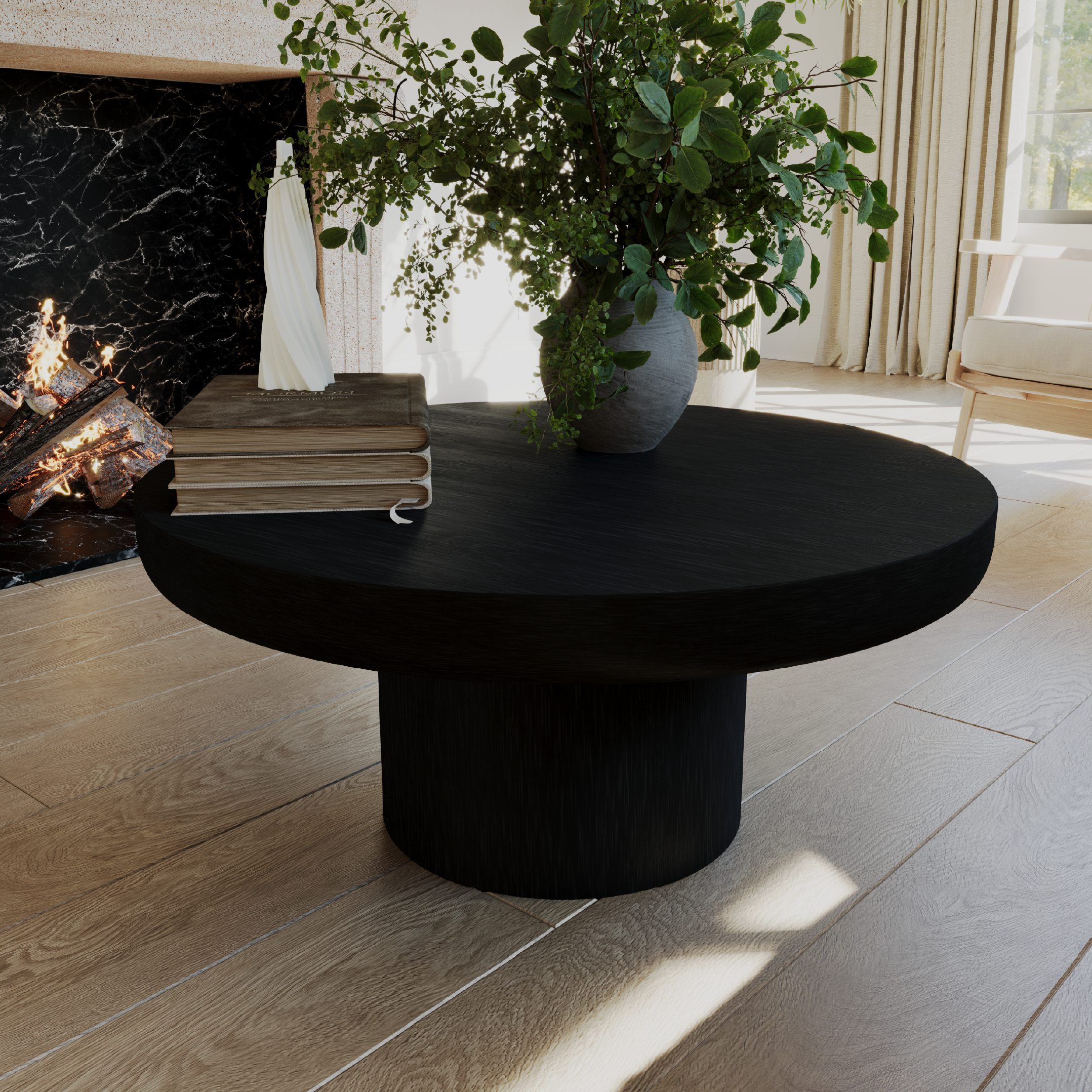 Owen Rustic Circular Wooden Coffee Table in Aged Black Finish in Coffee Table by Maven Lane