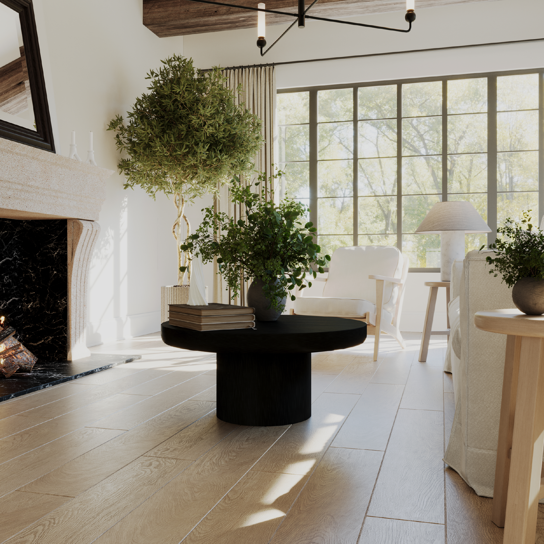 Owen Rustic Circular Wooden Coffee Table in Aged Black Finish in Coffee Table by Maven Lane