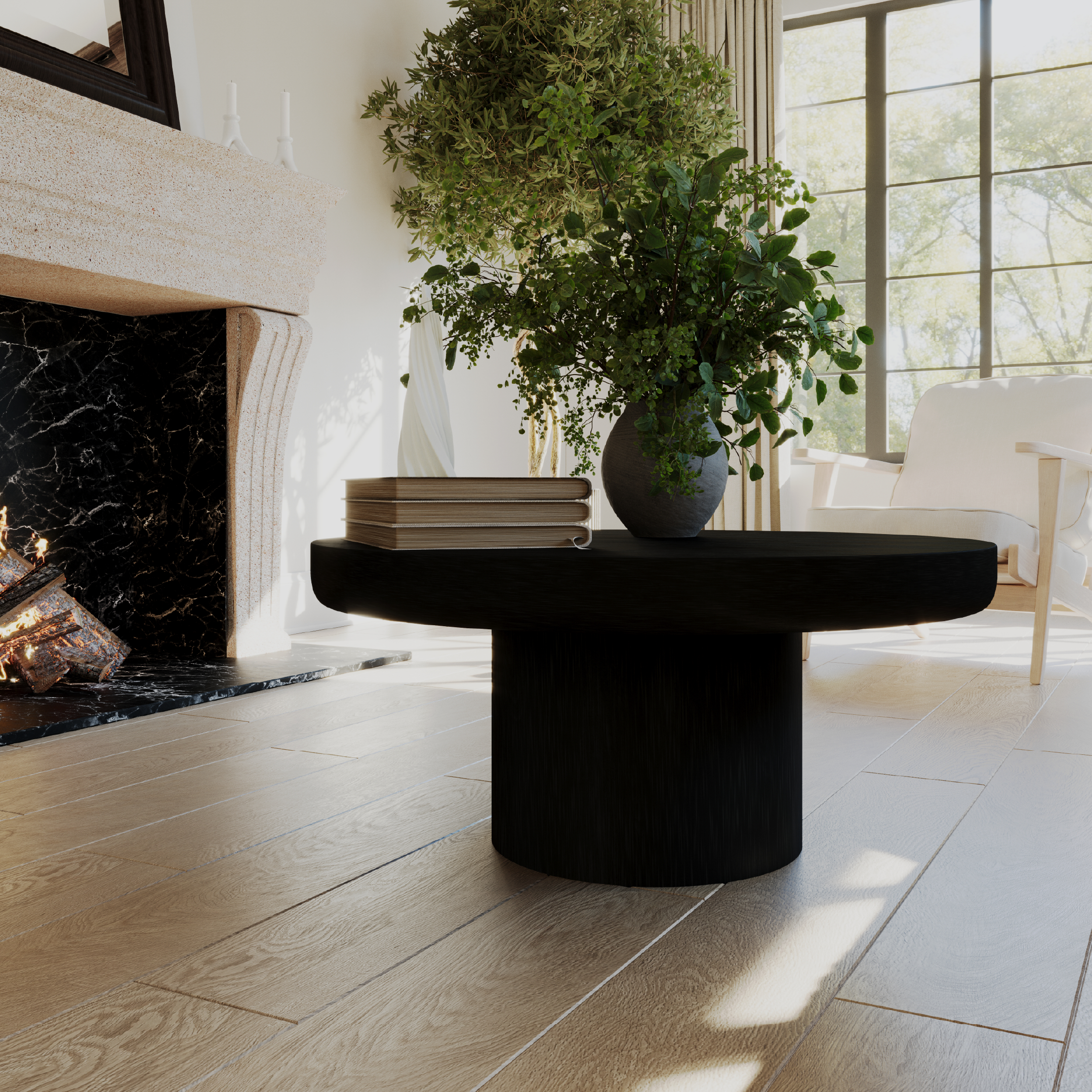 Owen Rustic Circular Wooden Coffee Table in Aged Black Finish in Coffee Table by Maven Lane