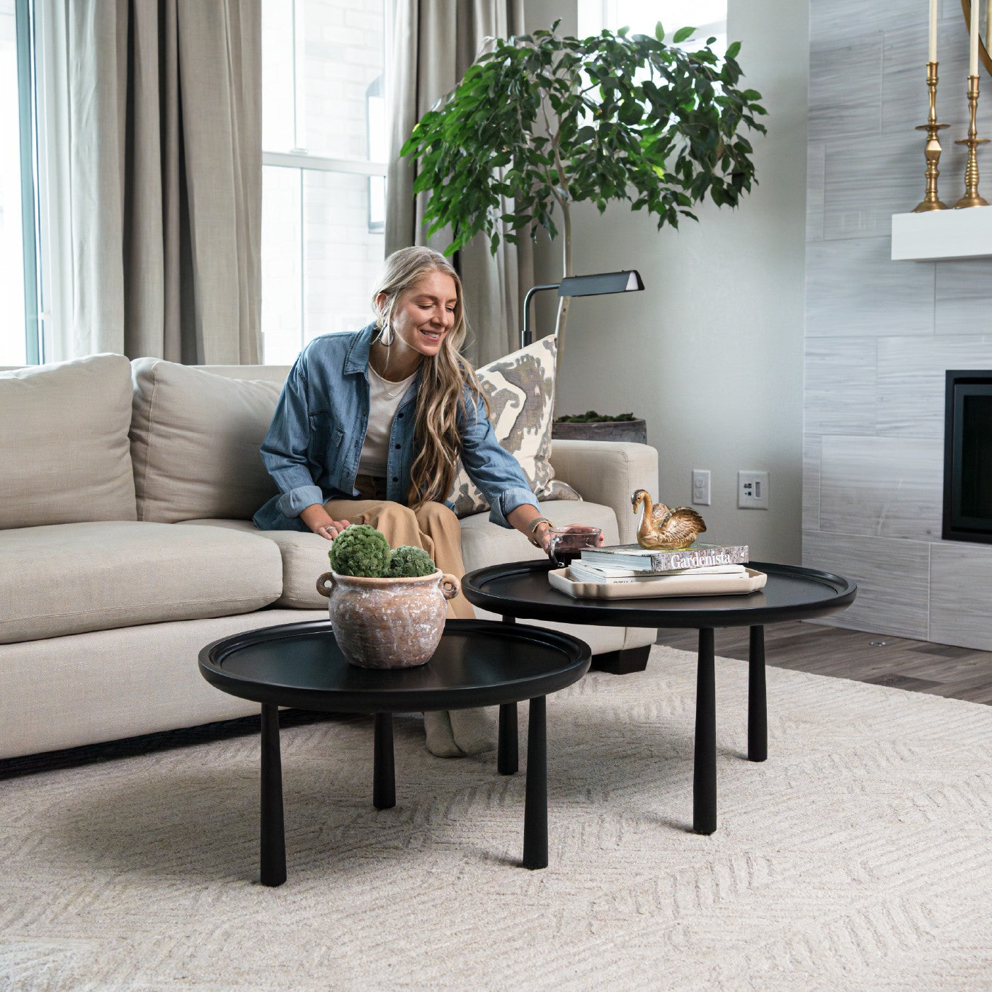 Sonia Rustic Wooden Nesting Coffee Tables in Black Finish in Nesting Tables by Maven Lane