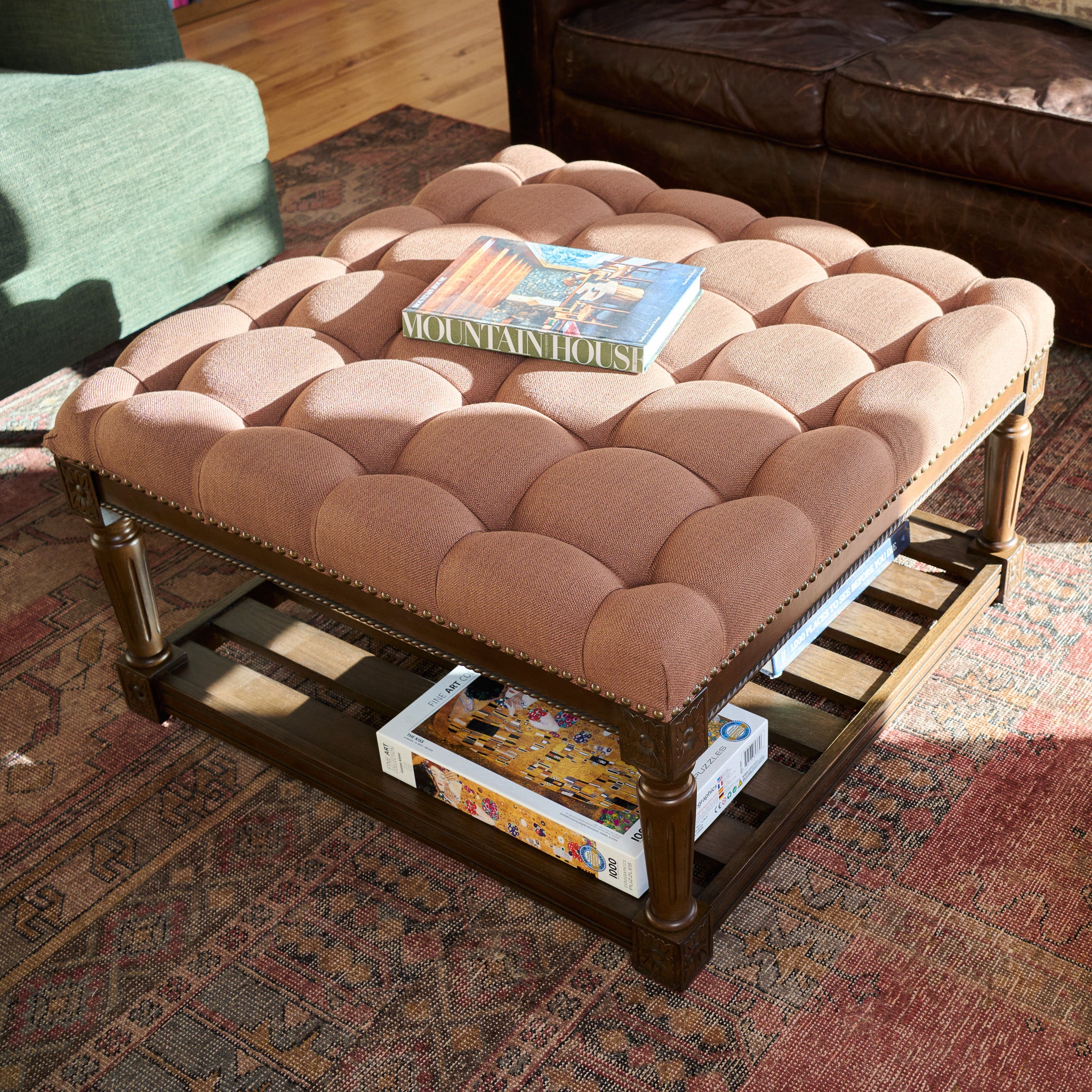 Mesa Square Upholstered Coffee Table in Brown Finish and Brown Fabric Upholstery in Coffee Table by Maven Lane