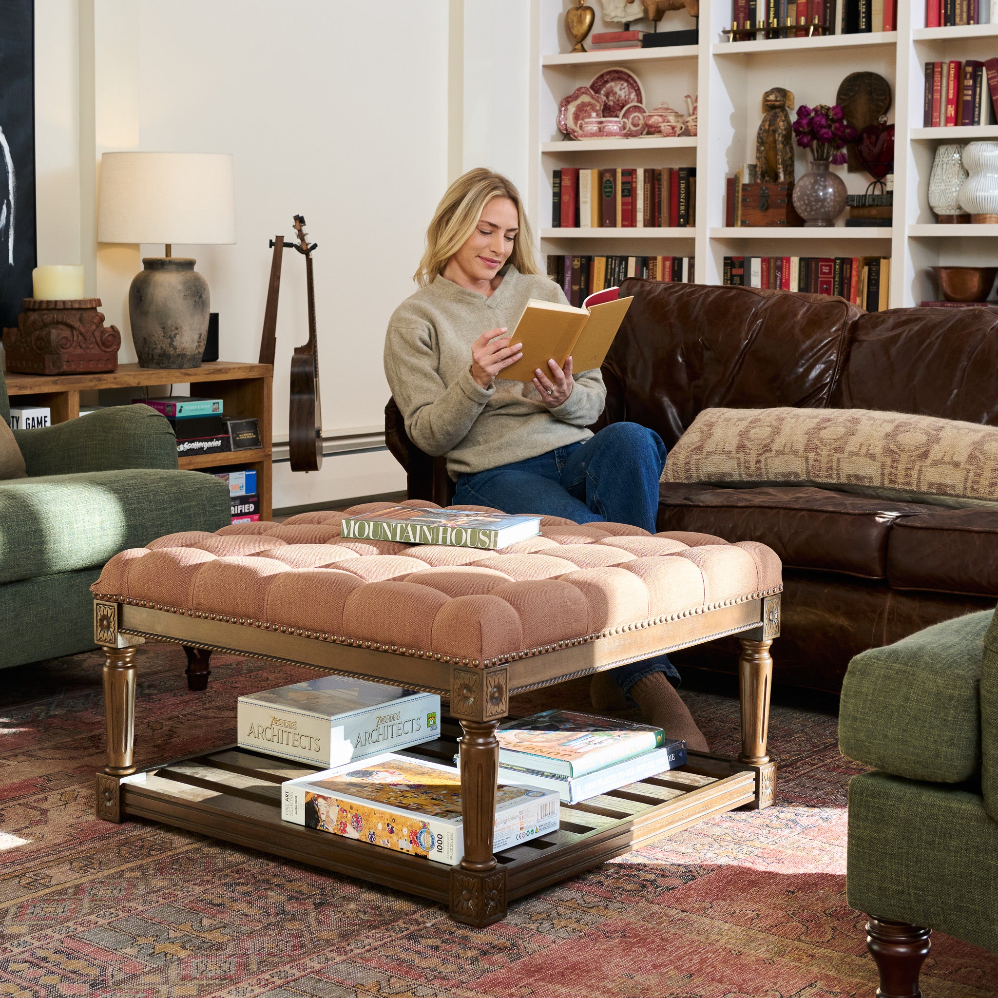 Mesa Square Upholstered Coffee Table in Brown Finish and Brown Fabric Upholstery in Coffee Table by Maven Lane