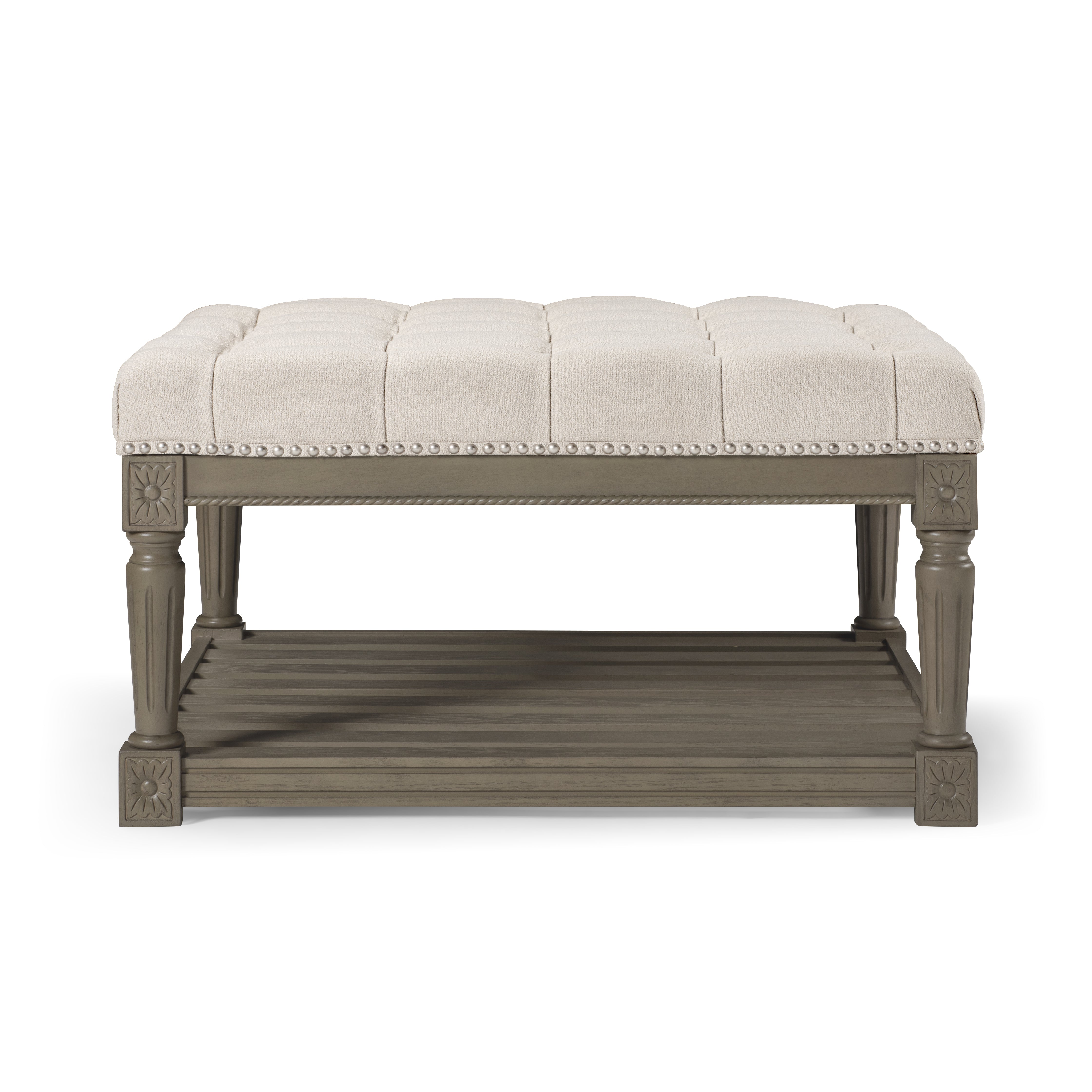 Mesa Square Coffee Table in Aged Grey with Dove Grey Fabric in Maven Lane by Nada Home US