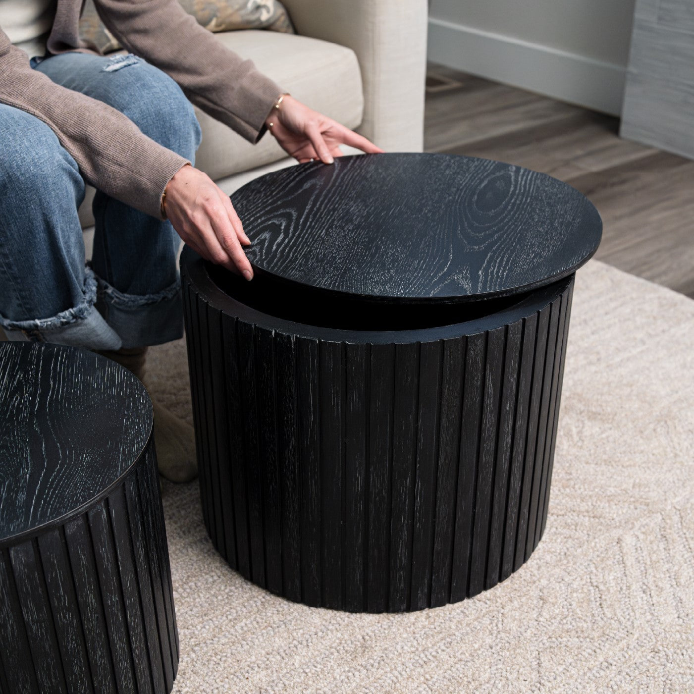 Austin Wooden Coffee Table Set with Storage in Black Finish in Nesting Tables by Maven Lane