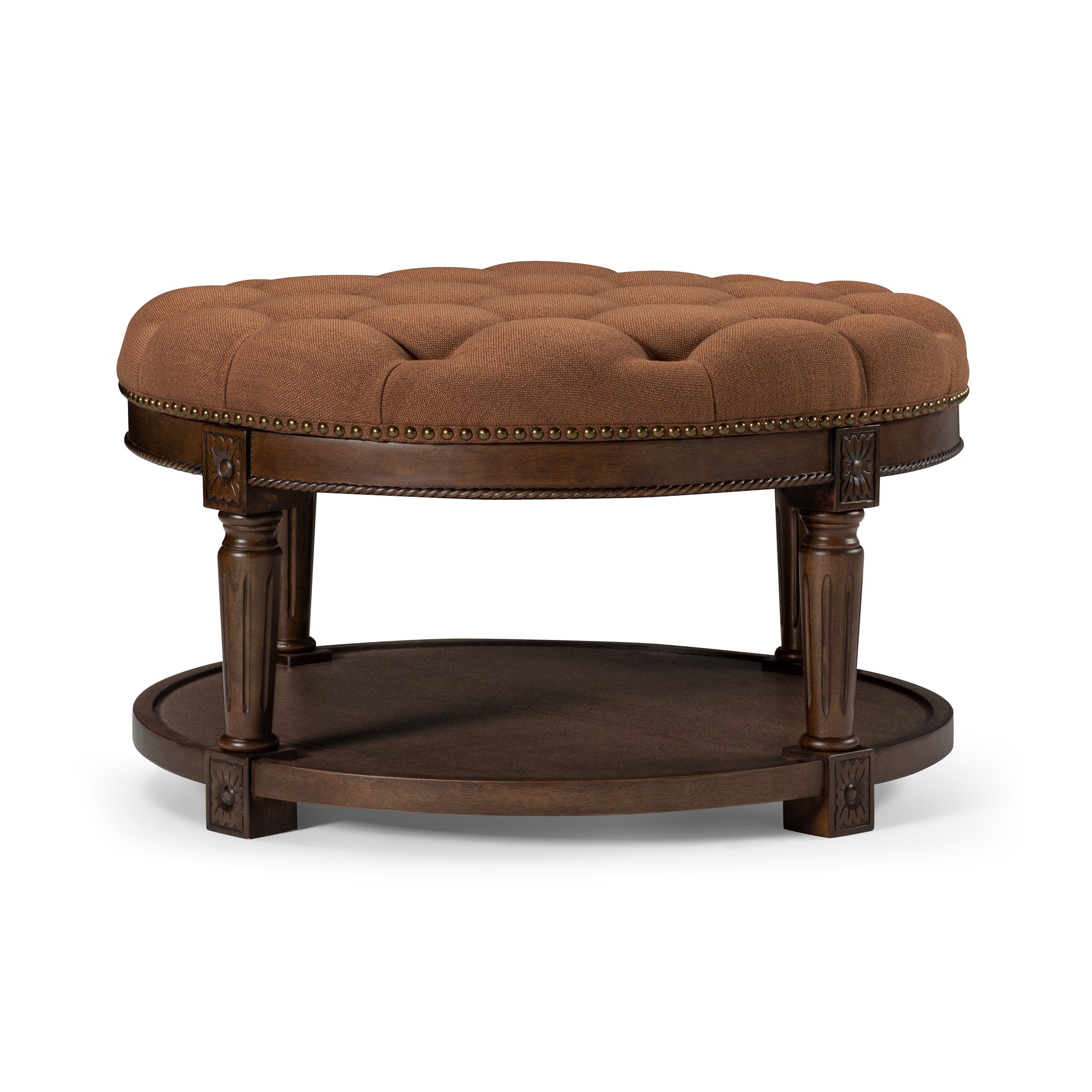 Mesa Round Upholstered Coffee Table in Brown Finish and Brown Fabric Upholstery in Coffee Table by Maven Lane