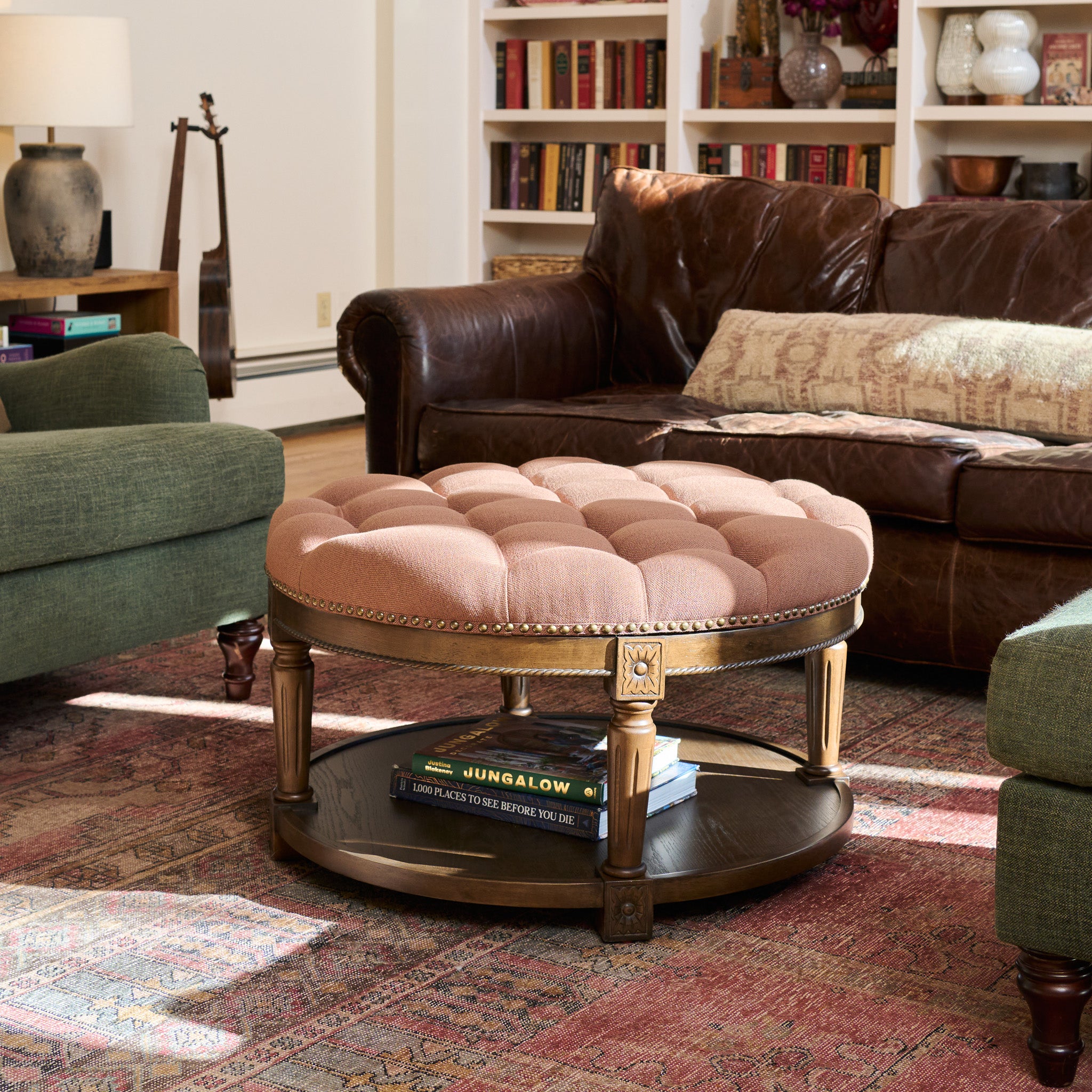 Mesa Round Upholstered Coffee Table in Brown Finish and Brown Fabric Upholstery