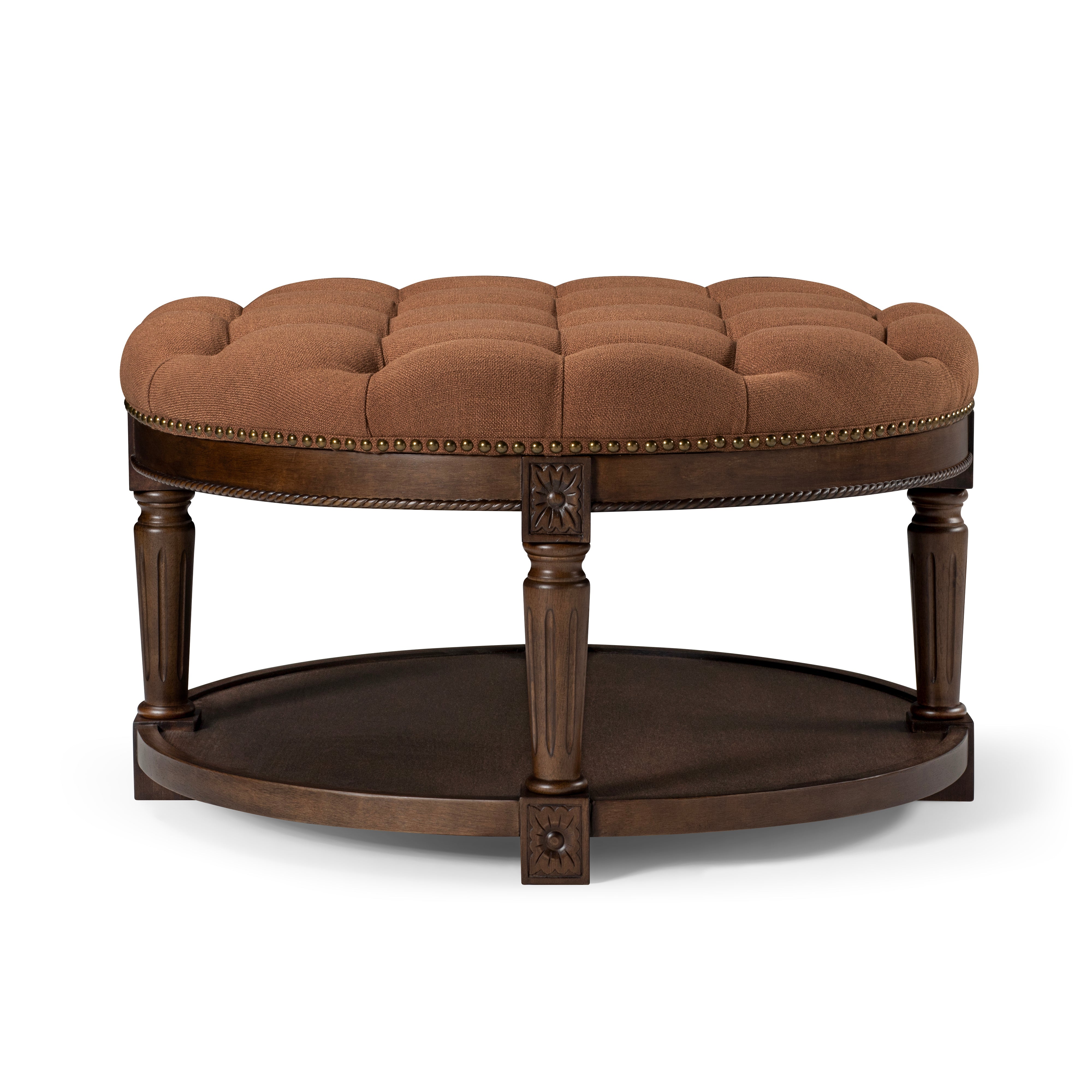Mesa Round Upholstered Coffee Table in Brown Finish and Brown Fabric Upholstery in Coffee Table by Maven Lane