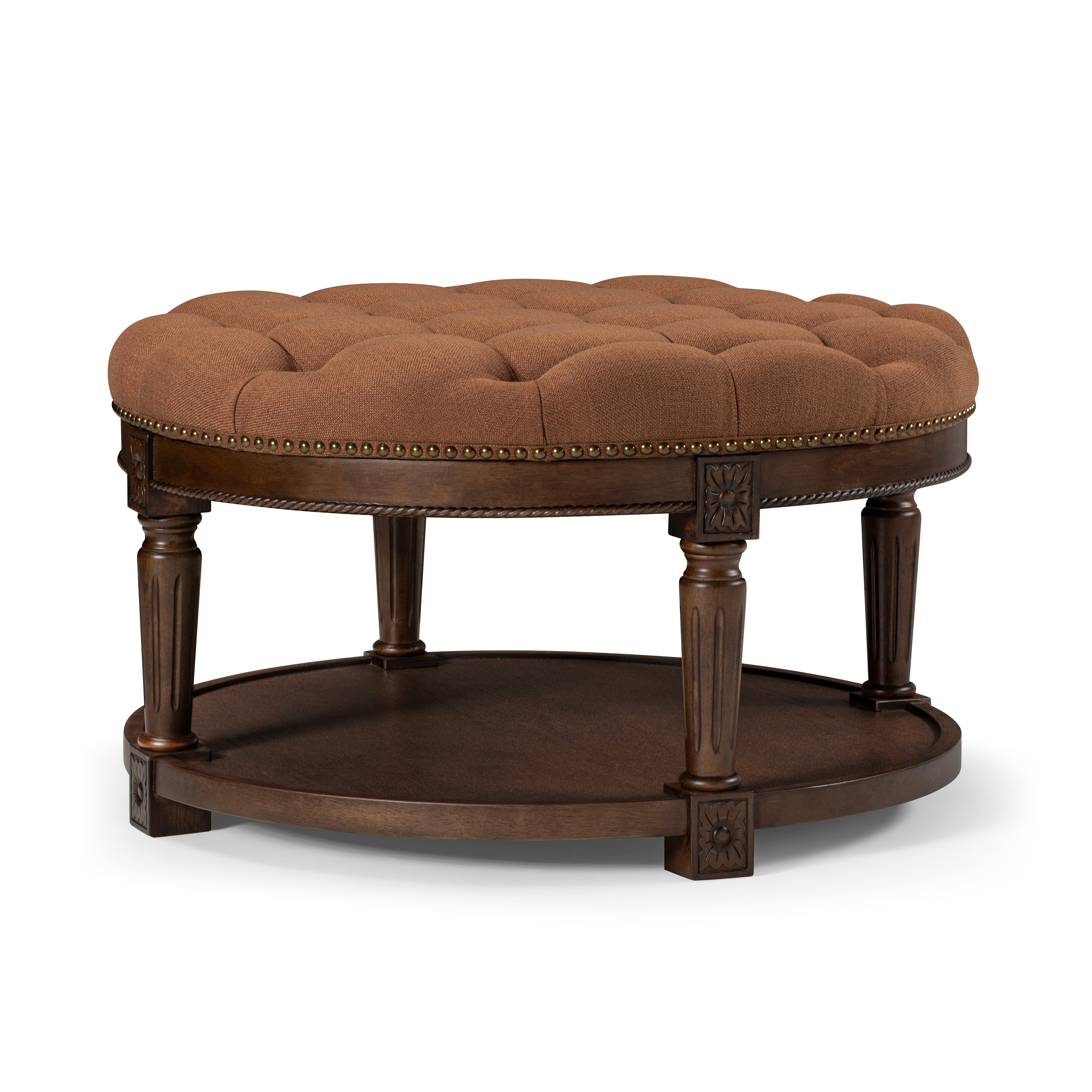 Mesa Round Upholstered Coffee Table in Brown Finish with Brown Fabric in Coffee Table by Maven Lane