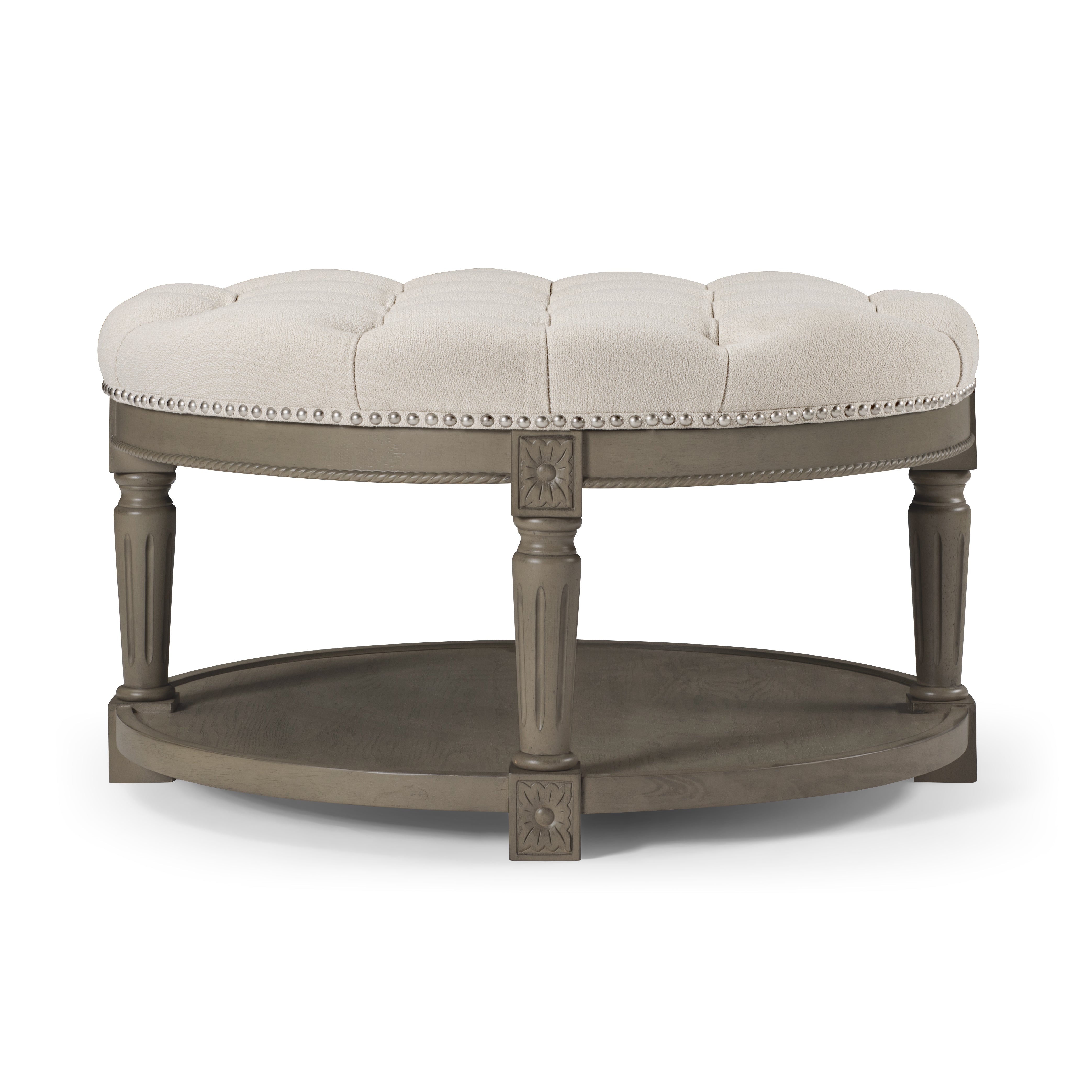 Mesa Round Coffee Table in Aged Grey with Dove Grey Fabric in Maven Lane by Nada Home US
