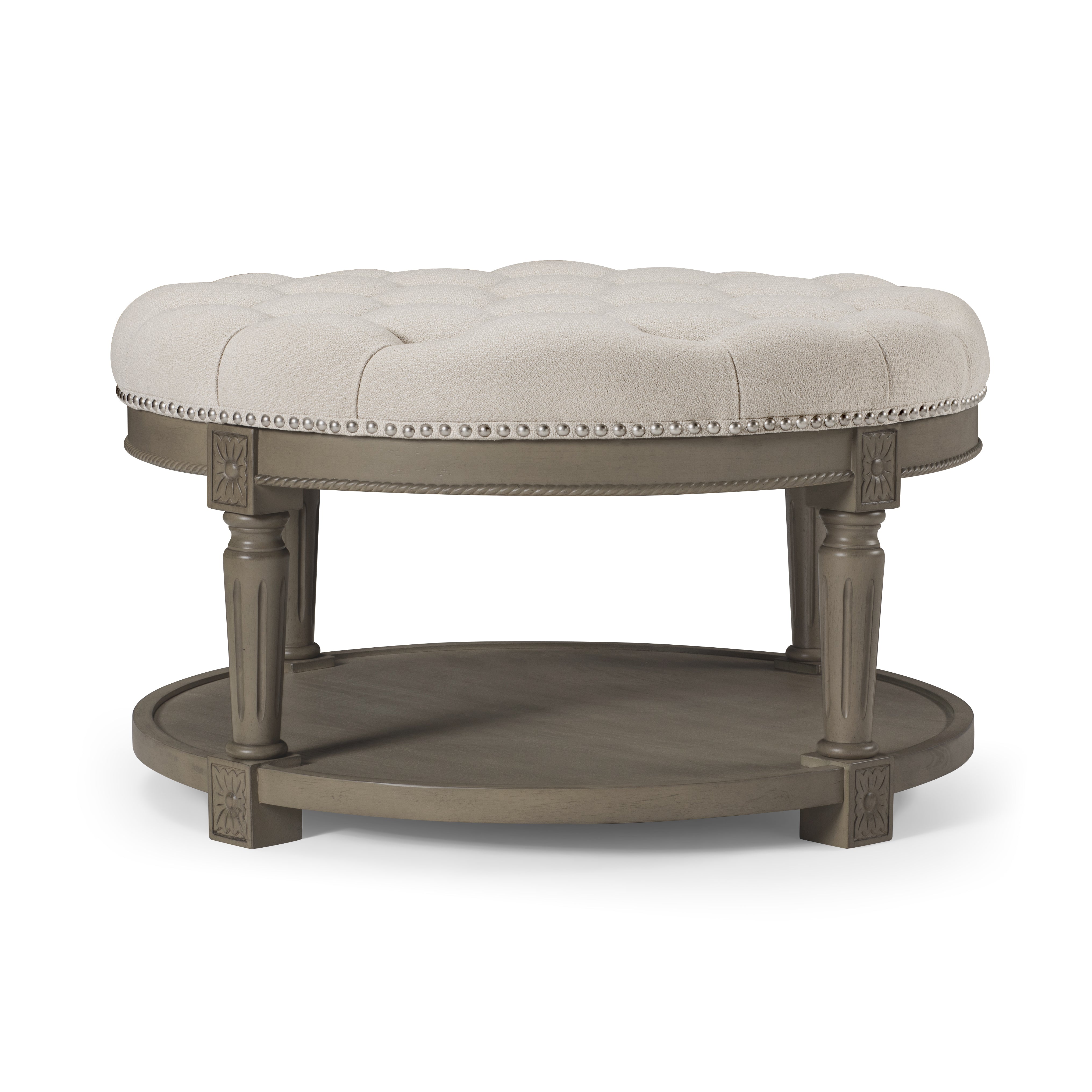 Mesa Round Coffee Table in Aged Grey with Dove Grey Fabric in Maven Lane by Nada Home US