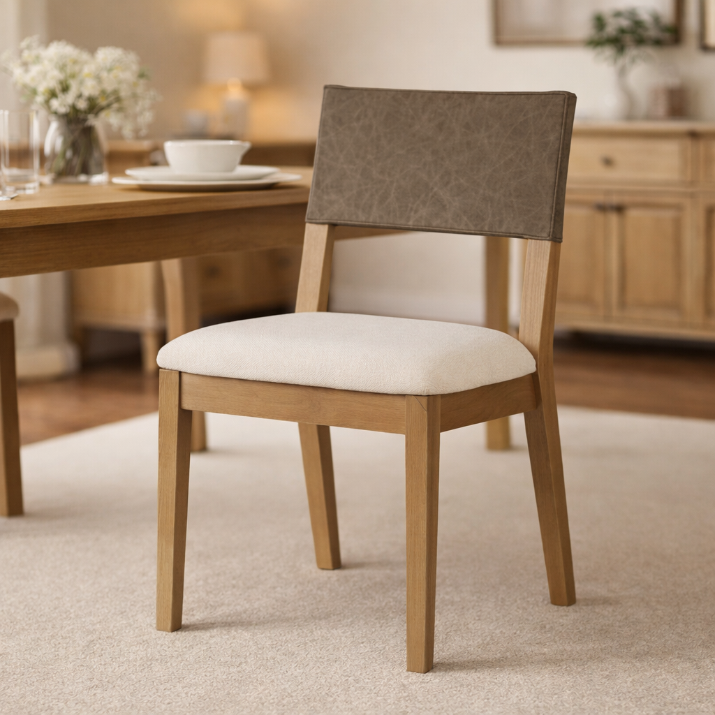 Radi Dining Chair in Natural Finish with Beige Fabric Upholstery and Dark Tan Faux Leather Back, Set of 2 in Maven Lane by Maven Lane