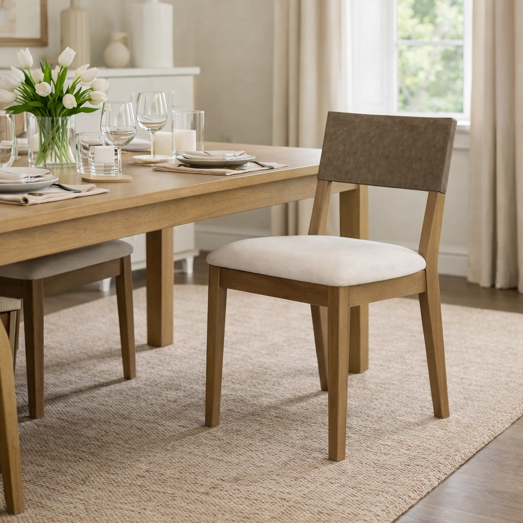 Radi Dining Chair in Natural Finish with Beige Fabric Upholstery and Dark Tan Faux Leather Back, Set of 2 in Maven Lane by Maven Lane