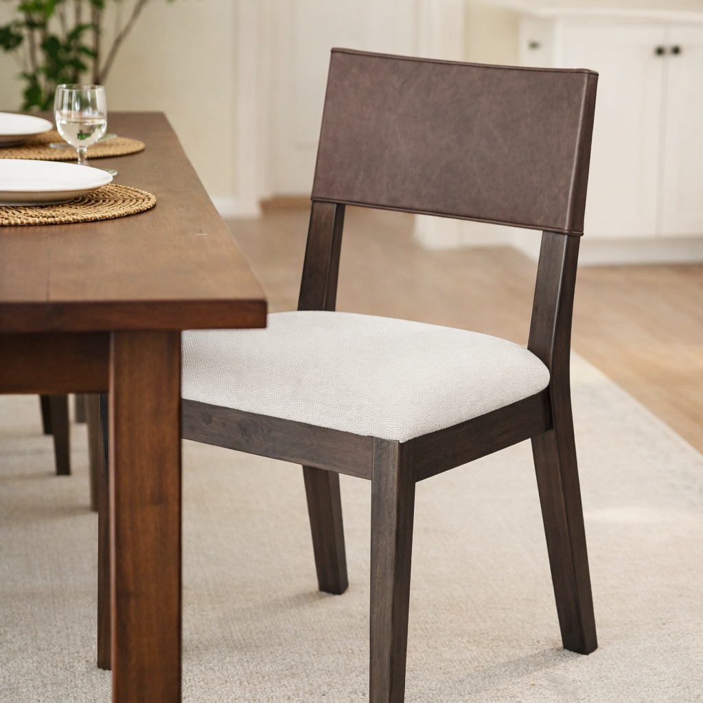 Radi Dining Chair in Brown Finish with Beige Fabric Upholstery and Brown Faux Leather Back, Set of 2 in Dining Chair by Maven Lane