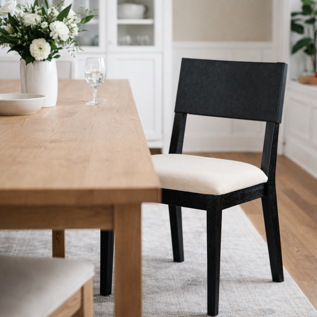 Radi Dining Chair in Black with Beige Fabric Upholstery and Dark Grey Faux Leather Back, Set of 2 in Maven Lane by Maven Lane
