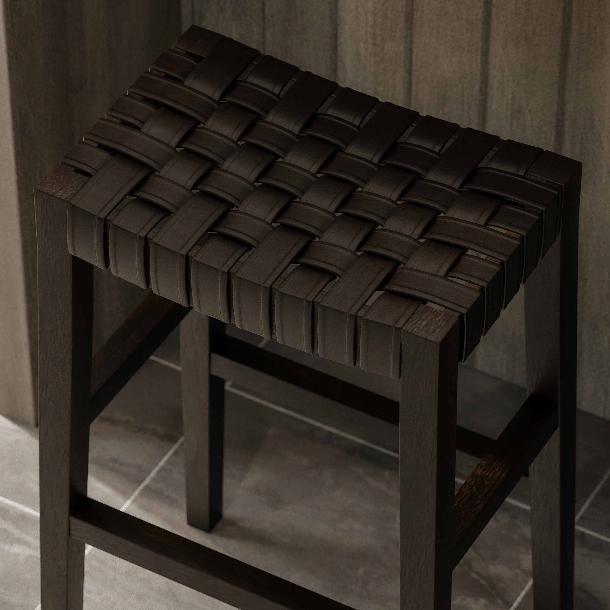Emerson Bar Stool in Weathered Brown Wood Finish with Marksman Saddle Vegan Leather in Stools by Maven Lane