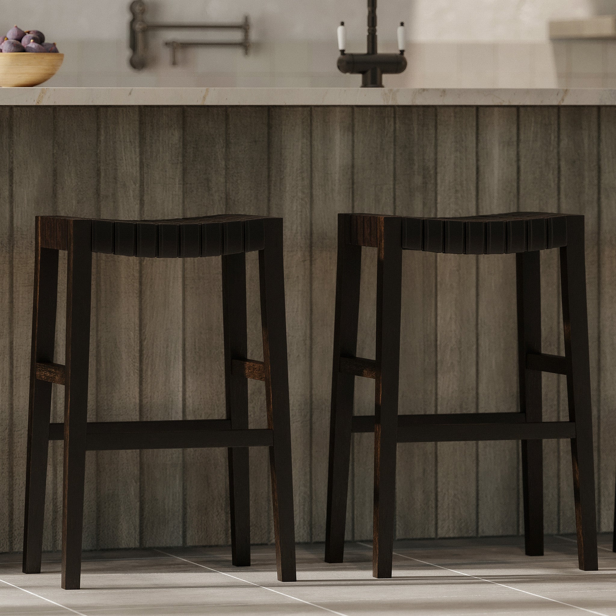 Emerson Bar Stool in Weathered Brown Wood Finish with Marksman Saddle Vegan Leather in Stools by Maven Lane