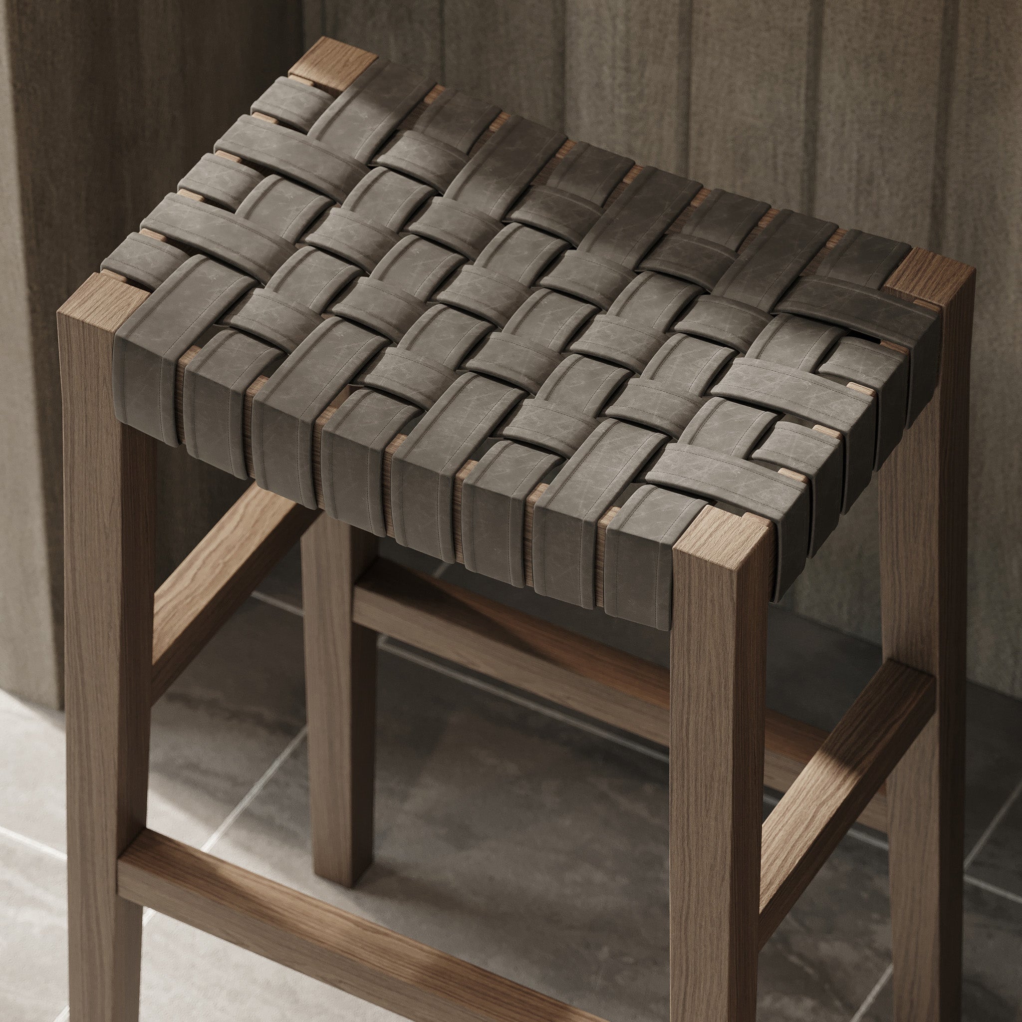 Emerson Bar Stool in Weathered Grey Wood Finish with Ronan Stone Vegan Leather in Stools by Maven Lane