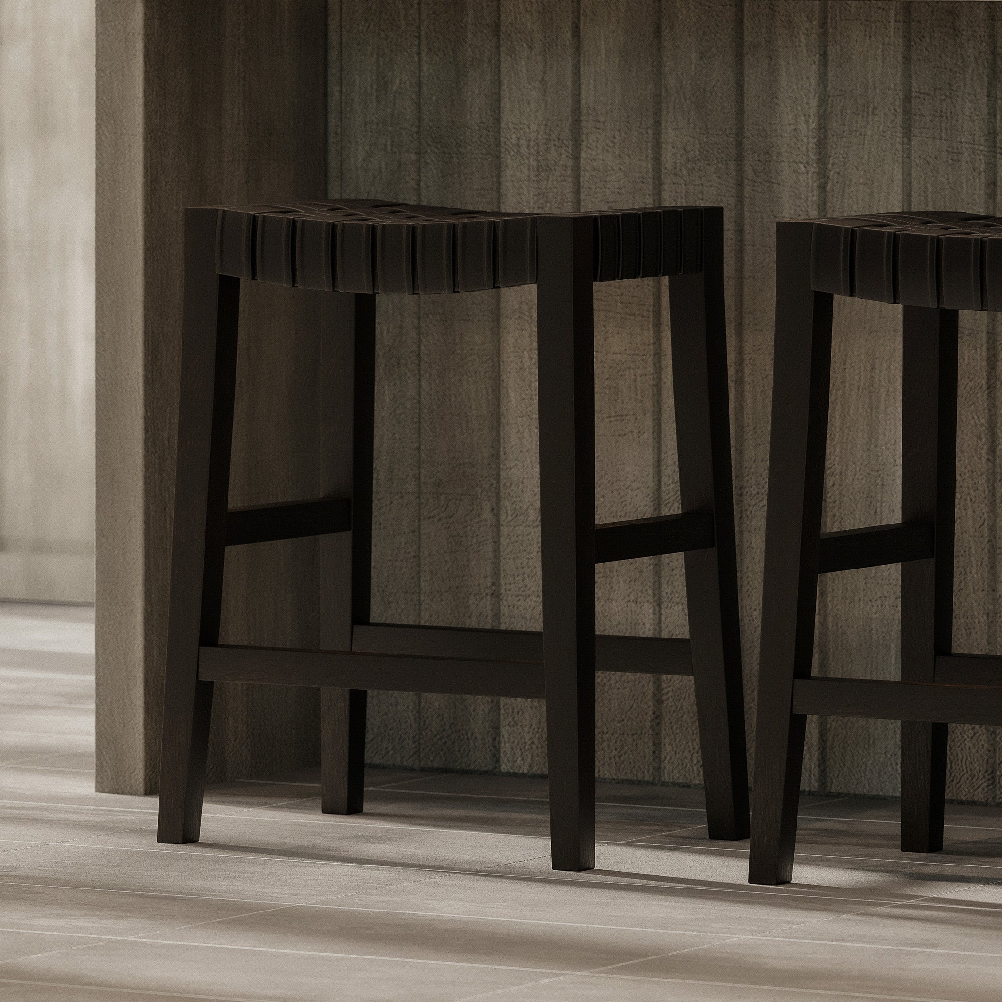 Emerson Counter Stool in Weathered Brown Wood Finish with Marksman Saddle Vegan Leather in Stools by Maven Lane
