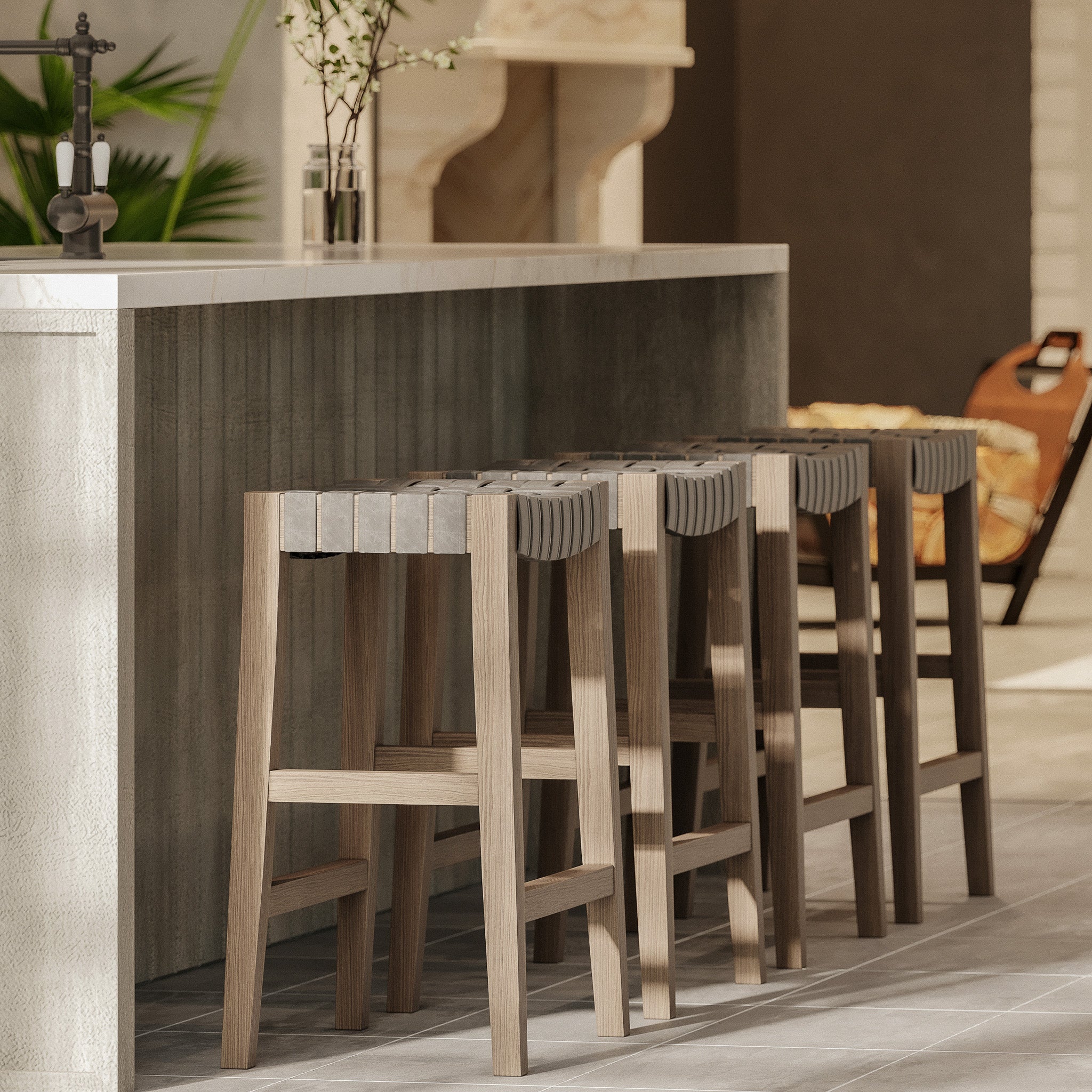 Emerson Counter Stool in Weathered Grey Wood Finish with Ronan Stone Vegan Leather in Stools by Maven Lane