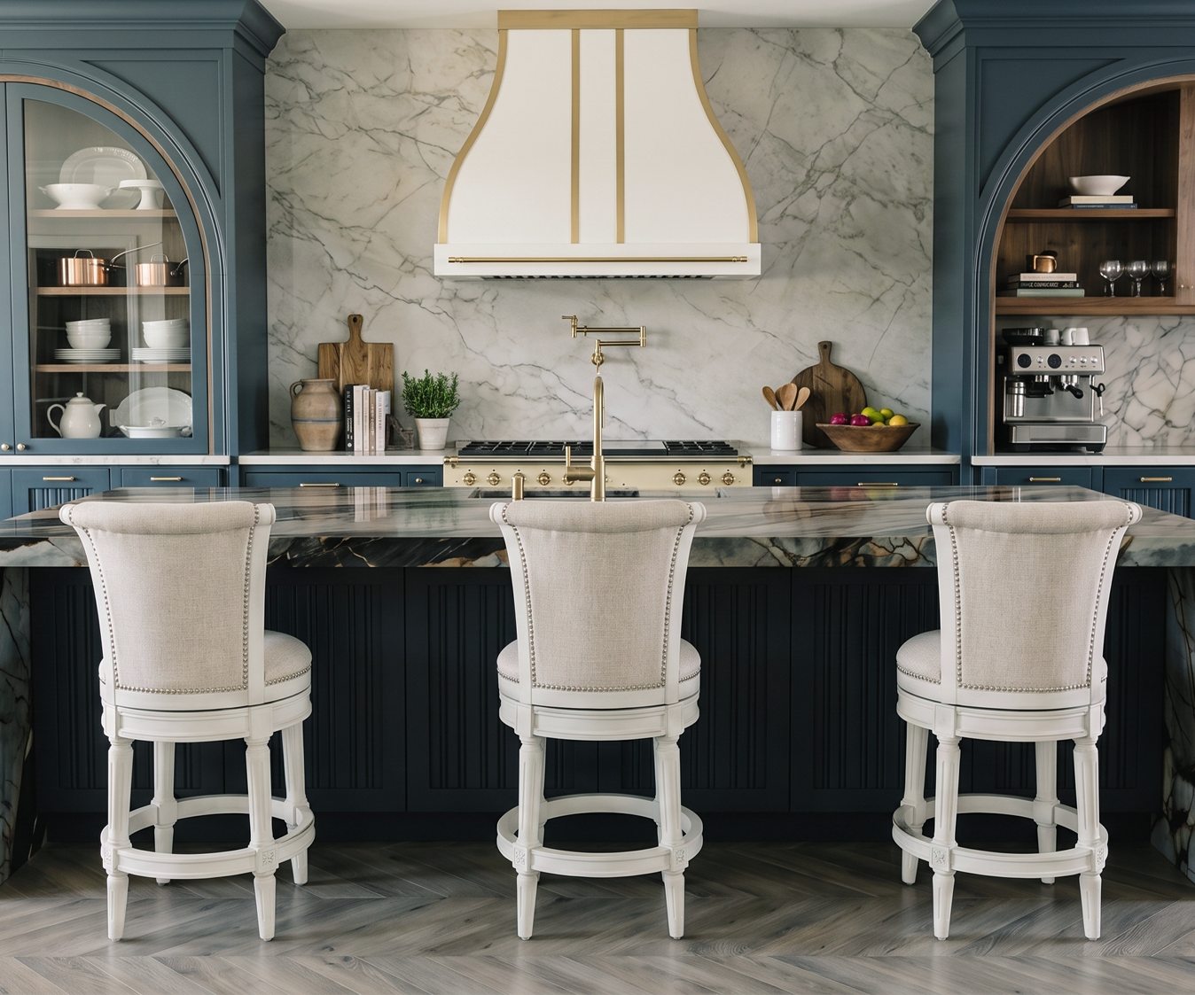 Pullman Counter Stool in White Finish with Cream Fabric in Stools by Maven Lane