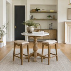 Adrien Saddle Bar Stool in Light Brown Finish and Natural Fabric in Stools by Maven Lane