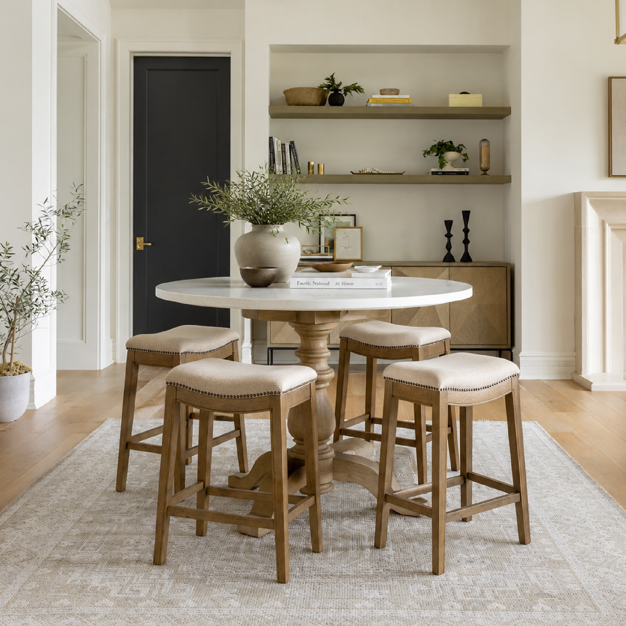 Adrien Saddle Bar Stool in Light Brown Finish and Natural Fabric in Stools by Maven Lane