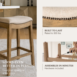 Adrien Saddle Bar Stool in Light Brown Finish and Natural Fabric in Stools by Maven Lane