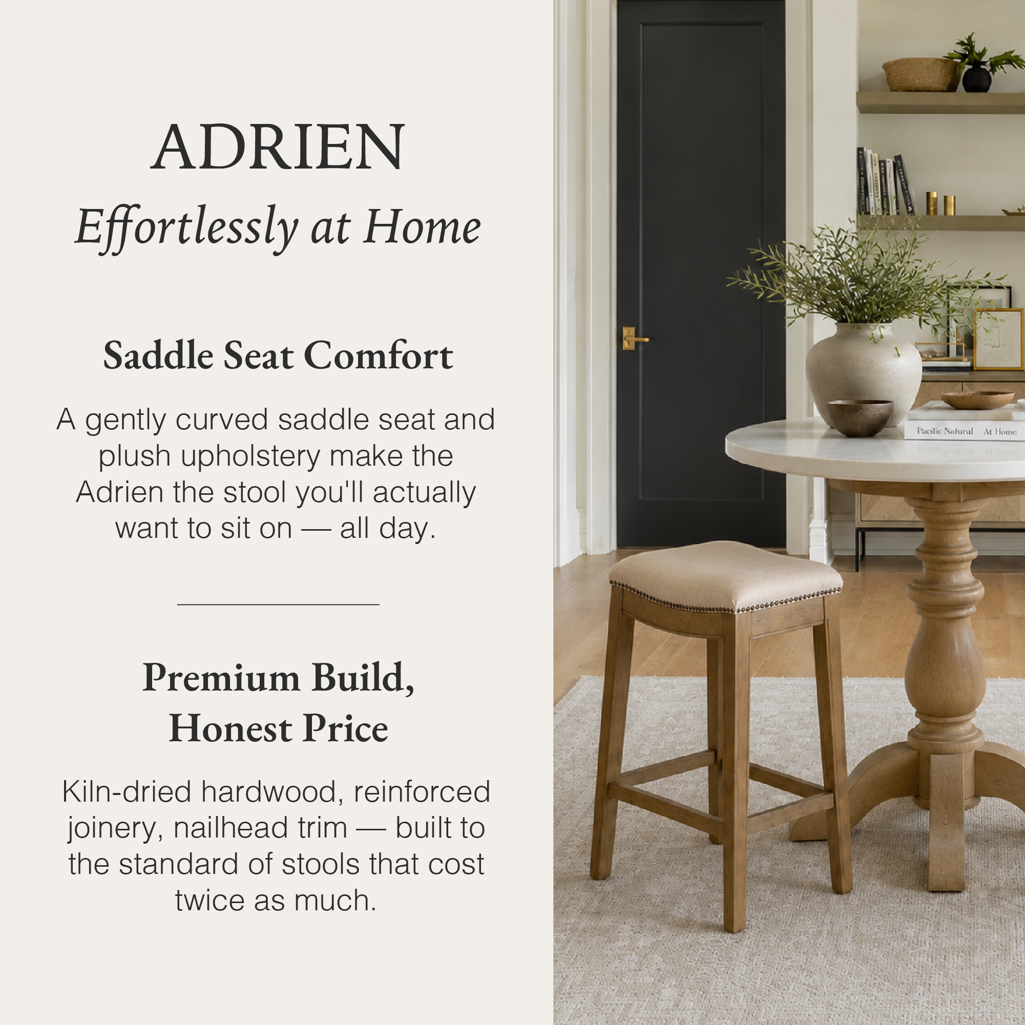 Adrien Saddle Bar Stool in Light Brown Finish and Natural Fabric in Stools by Maven Lane