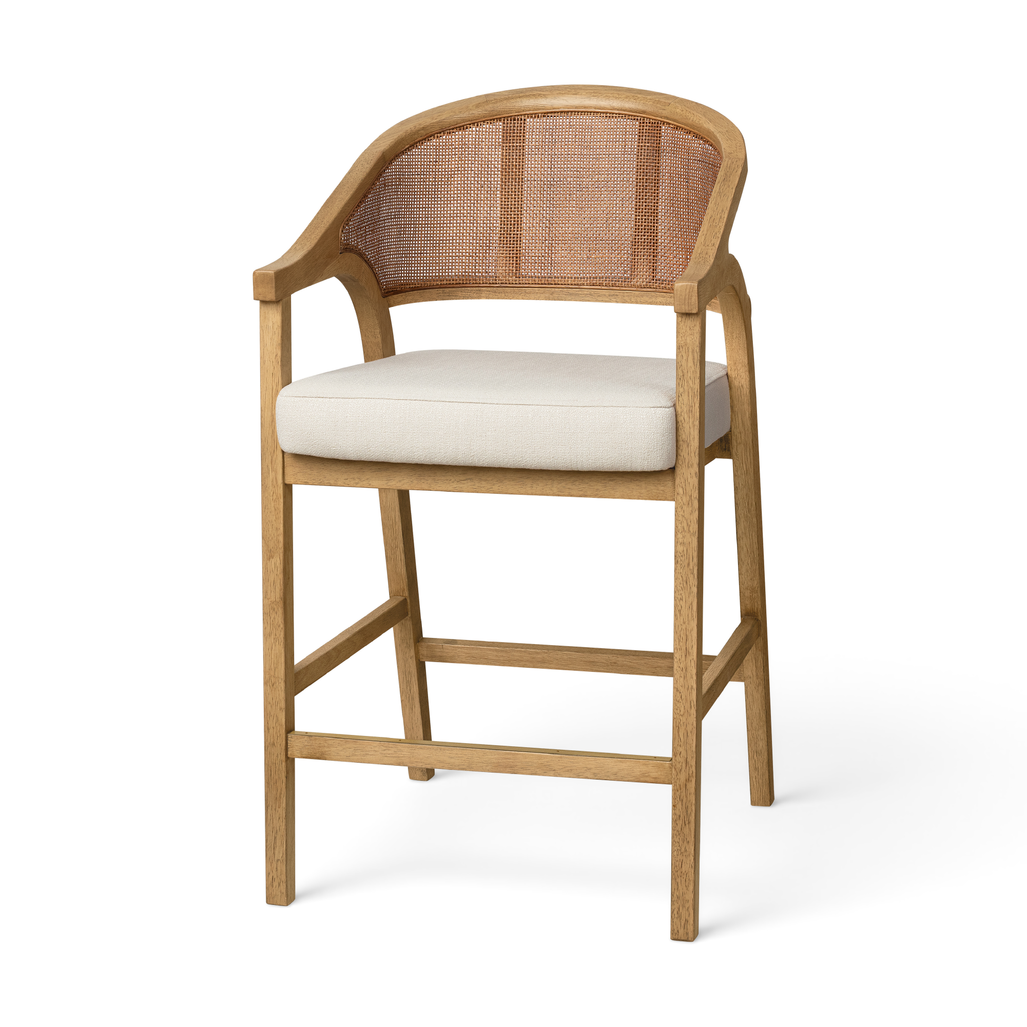 Chloe Counter Stool in Natural Finish with Beige Fabric Upholstery and Rattan Back in Stools by Maven Lane