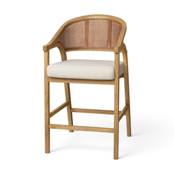 Chloe Counter Stool in Natural Finish with Beige Fabric Upholstery and Rattan Back in Stools by Maven Lane