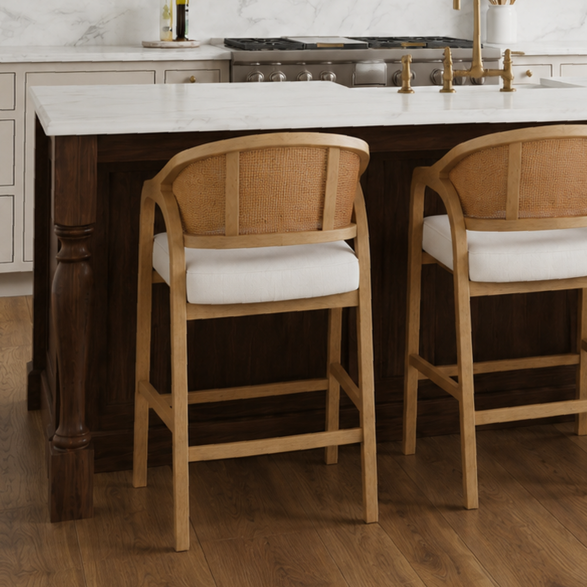 Chloe Counter Stool in Natural Finish with Beige Fabric Upholstery and Rattan Back in Stools by Maven Lane
