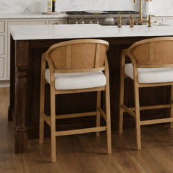 Chloe Counter Stool in Natural Finish with Beige Fabric Upholstery and Rattan Back in Stools by Maven Lane