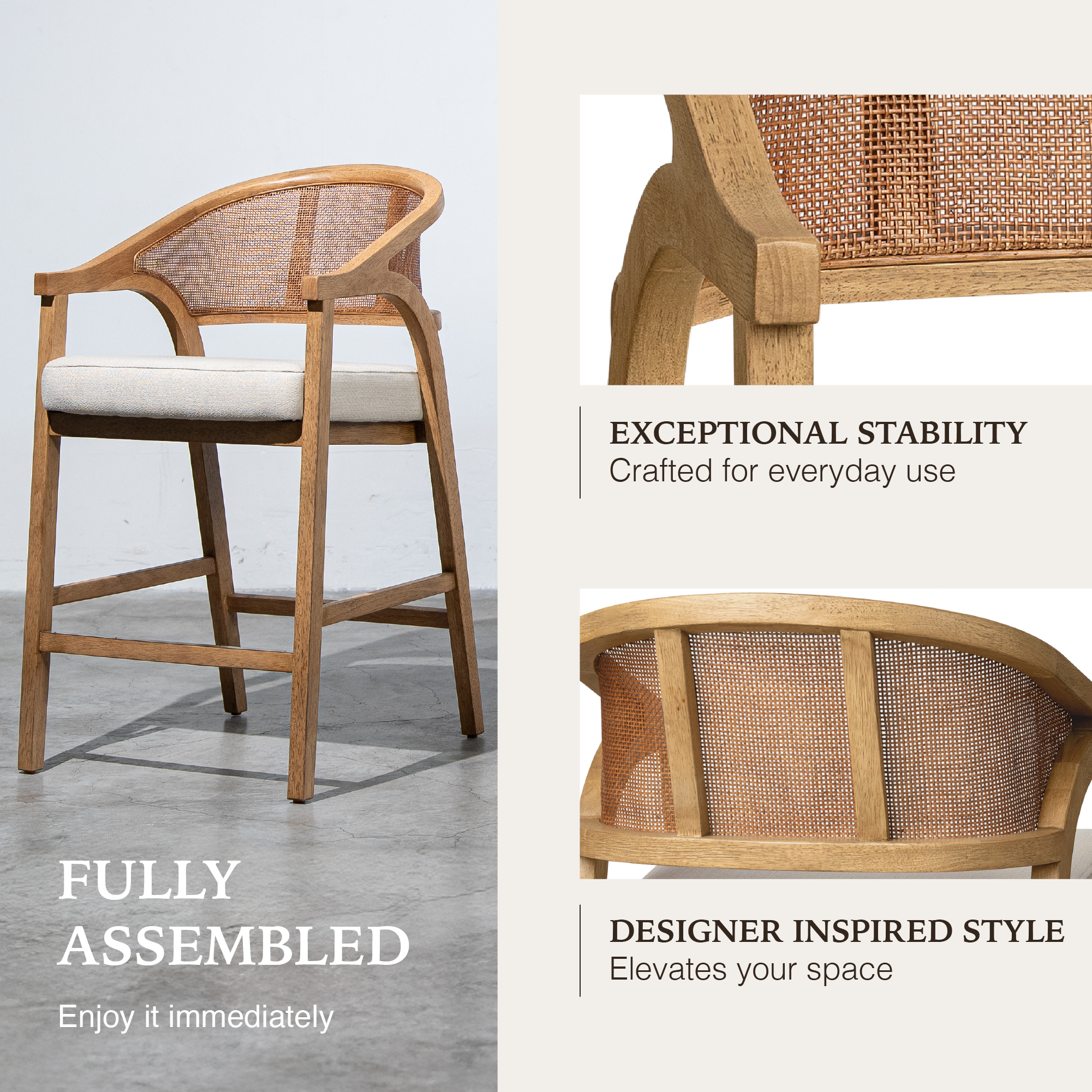 Chloe Counter Stool in Natural Finish with Beige Fabric Upholstery and Rattan Back in Stools by Maven Lane