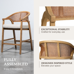 Chloe Counter Stool in Natural Finish with Beige Fabric Upholstery and Rattan Back in Stools by Maven Lane