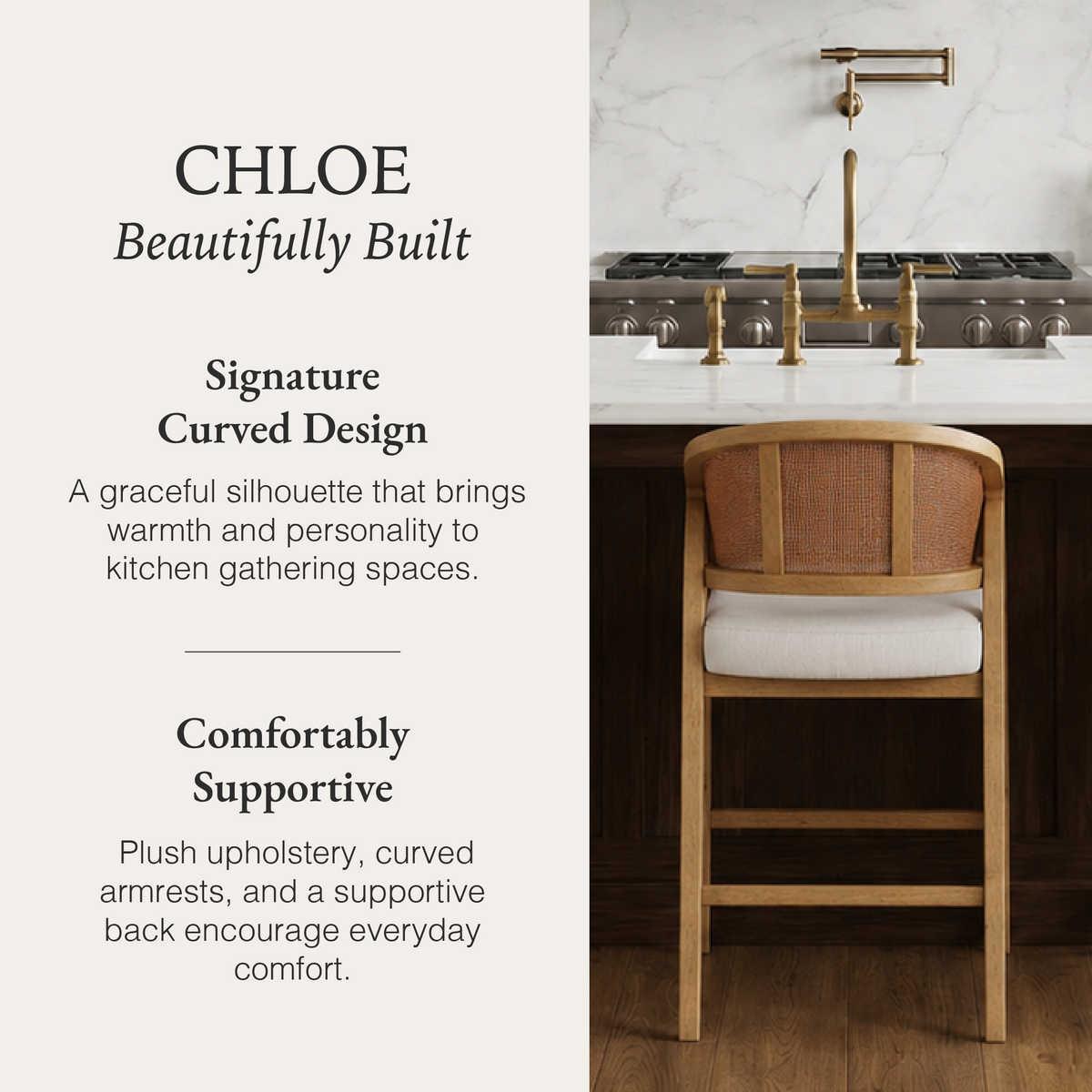 Chloe Counter Stool in Natural Finish with Beige Fabric Upholstery and Rattan Back in Stools by Maven Lane